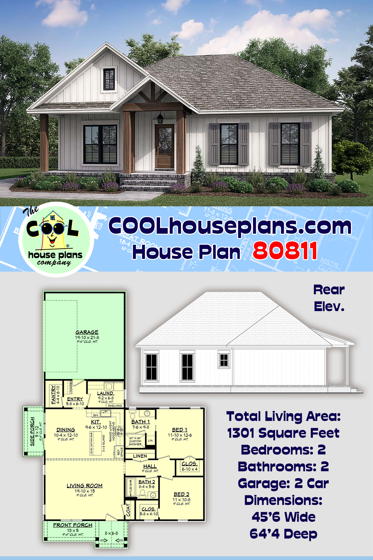 Cottage, Country, Farmhouse House Plan 80811 with 2 Beds, 2 Baths, 2 Car Garage