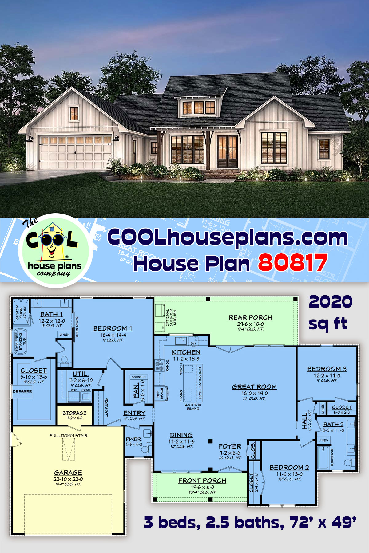 Country, Craftsman, Farmhouse, New American House Plan 80817 with 3 Beds, 3 Baths, 2 Car Garage