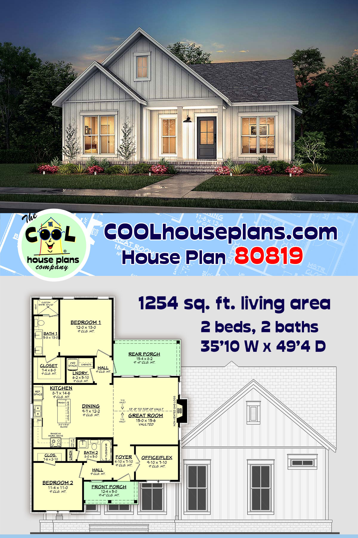 Cottage, Country, Craftsman, Farmhouse House Plan 80819 with 2 Beds, 2 Baths