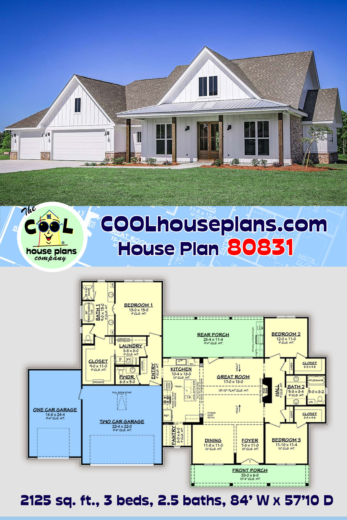 Cottage, Country, Farmhouse, Traditional House Plan 80831 with 3 Beds, 3 Baths, 3 Car Garage