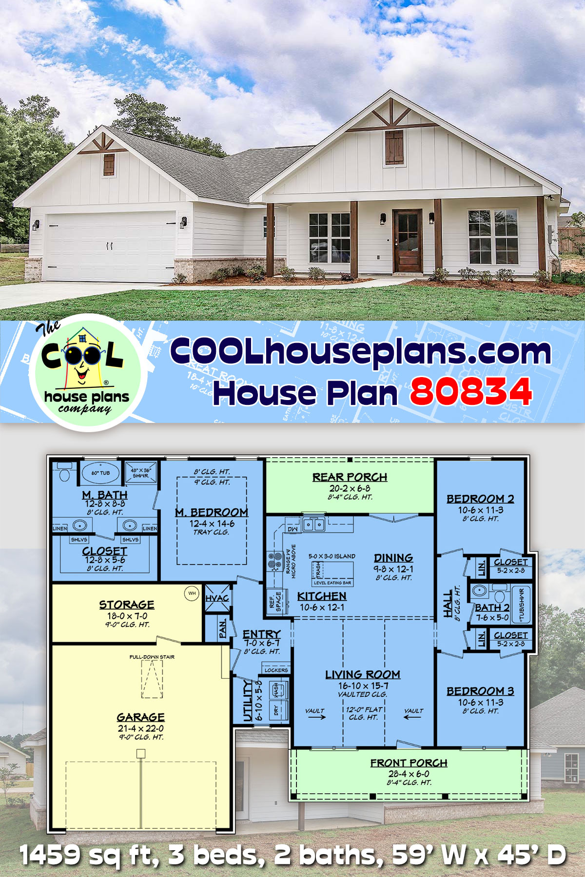 Country, Farmhouse, New American, Traditional House Plan 80834 with 3 Beds, 2 Baths, 2 Car Garage