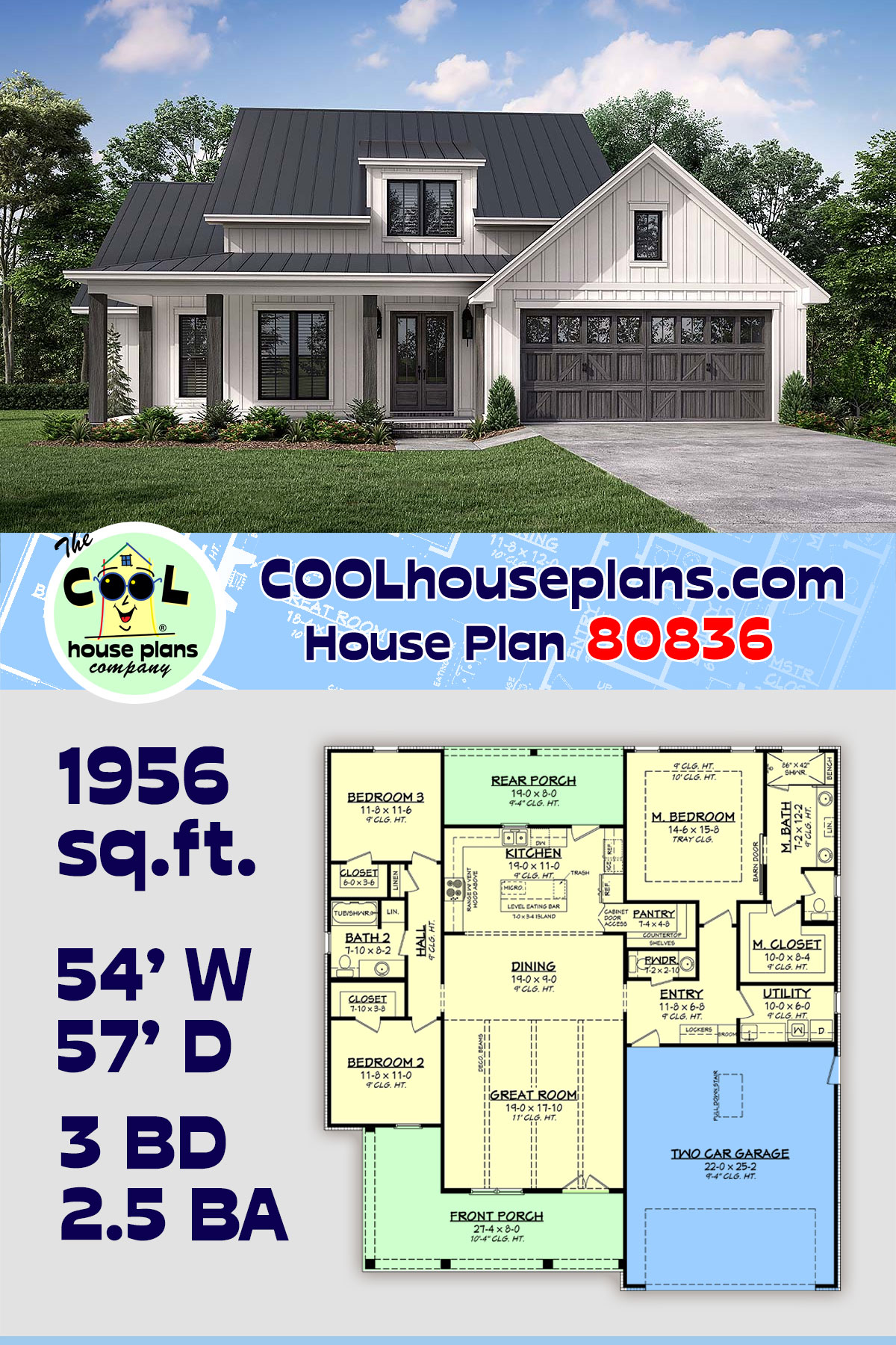 Country, Craftsman, Farmhouse, Traditional House Plan 80836 with 3 Beds, 3 Baths, 2 Car Garage
