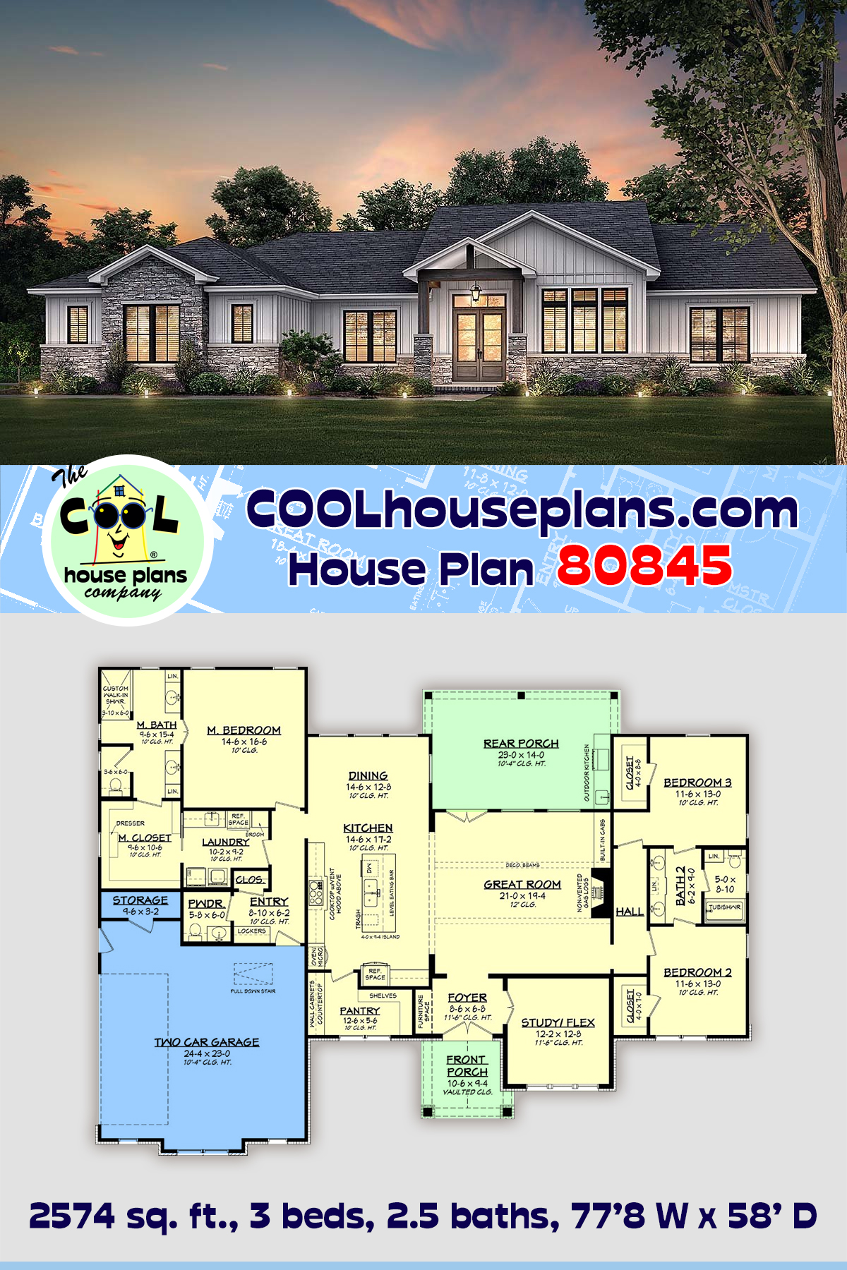 Country, Farmhouse, Ranch House Plan 80845 with 3 Beds, 3 Baths, 2 Car Garage
