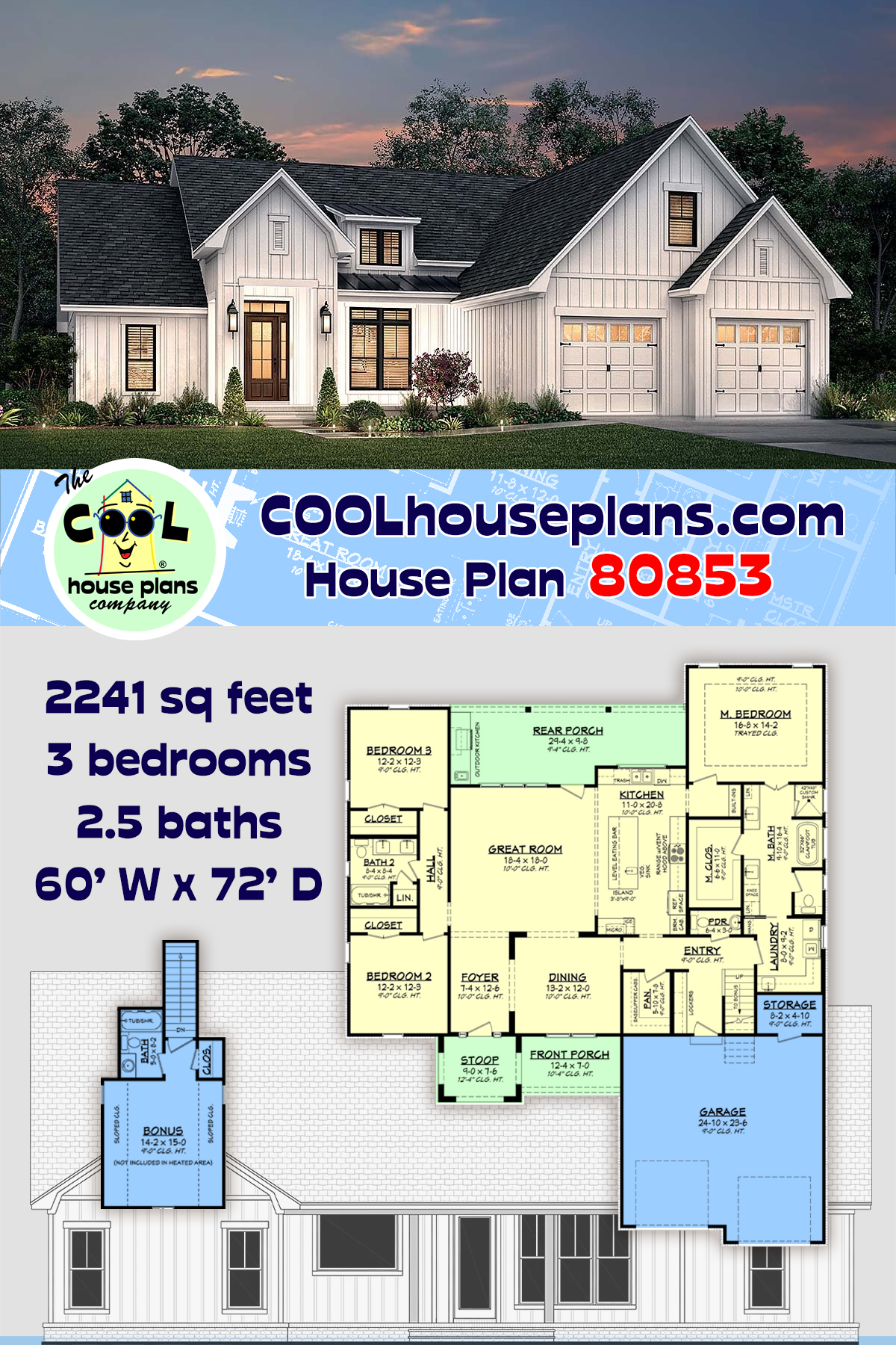 Country, Craftsman, Farmhouse, Southern House Plan 80853 with 3 Beds, 3 Baths, 2 Car Garage
