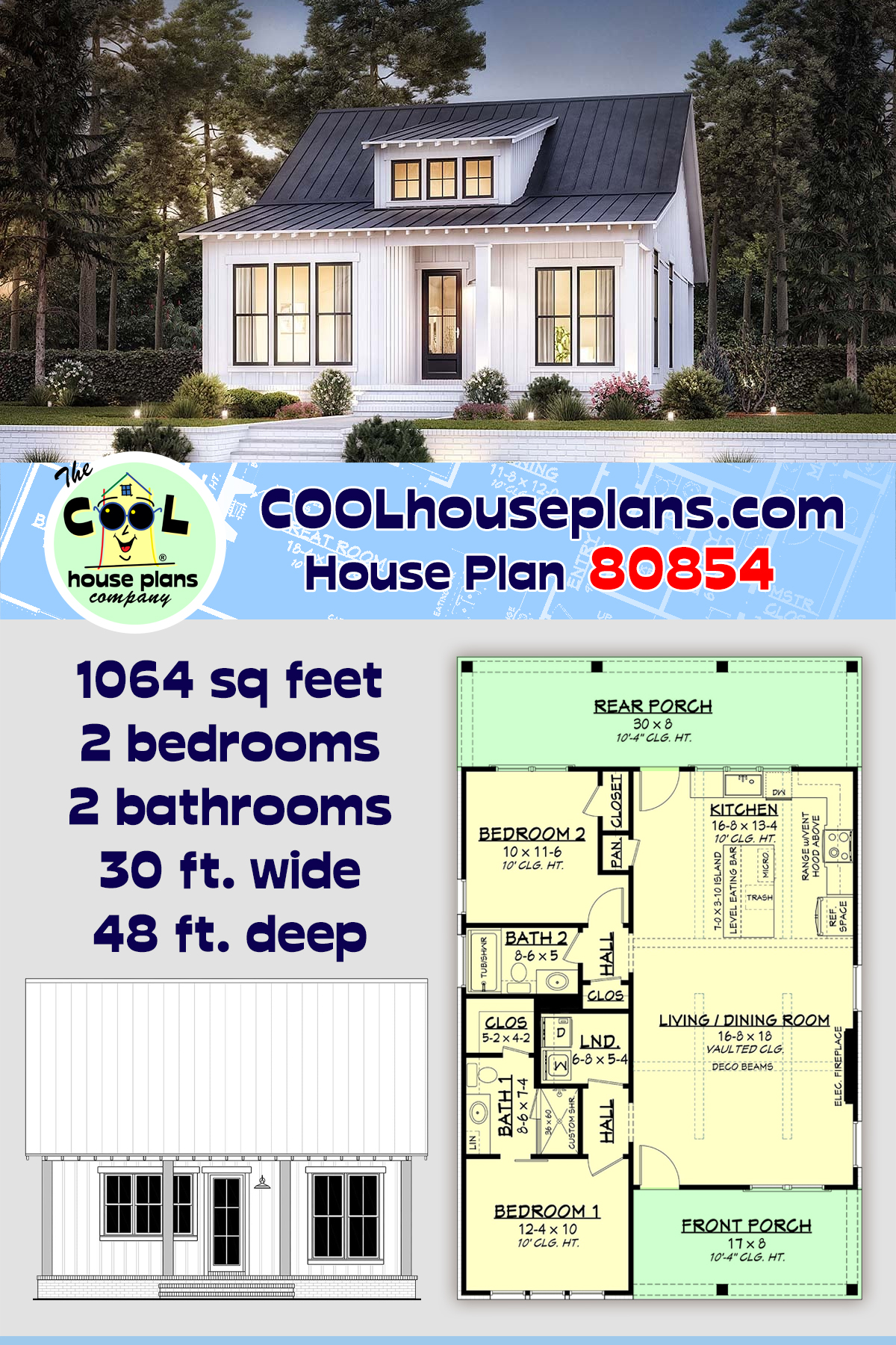 Country, Farmhouse, Traditional House Plan 80854 with 2 Beds, 2 Baths