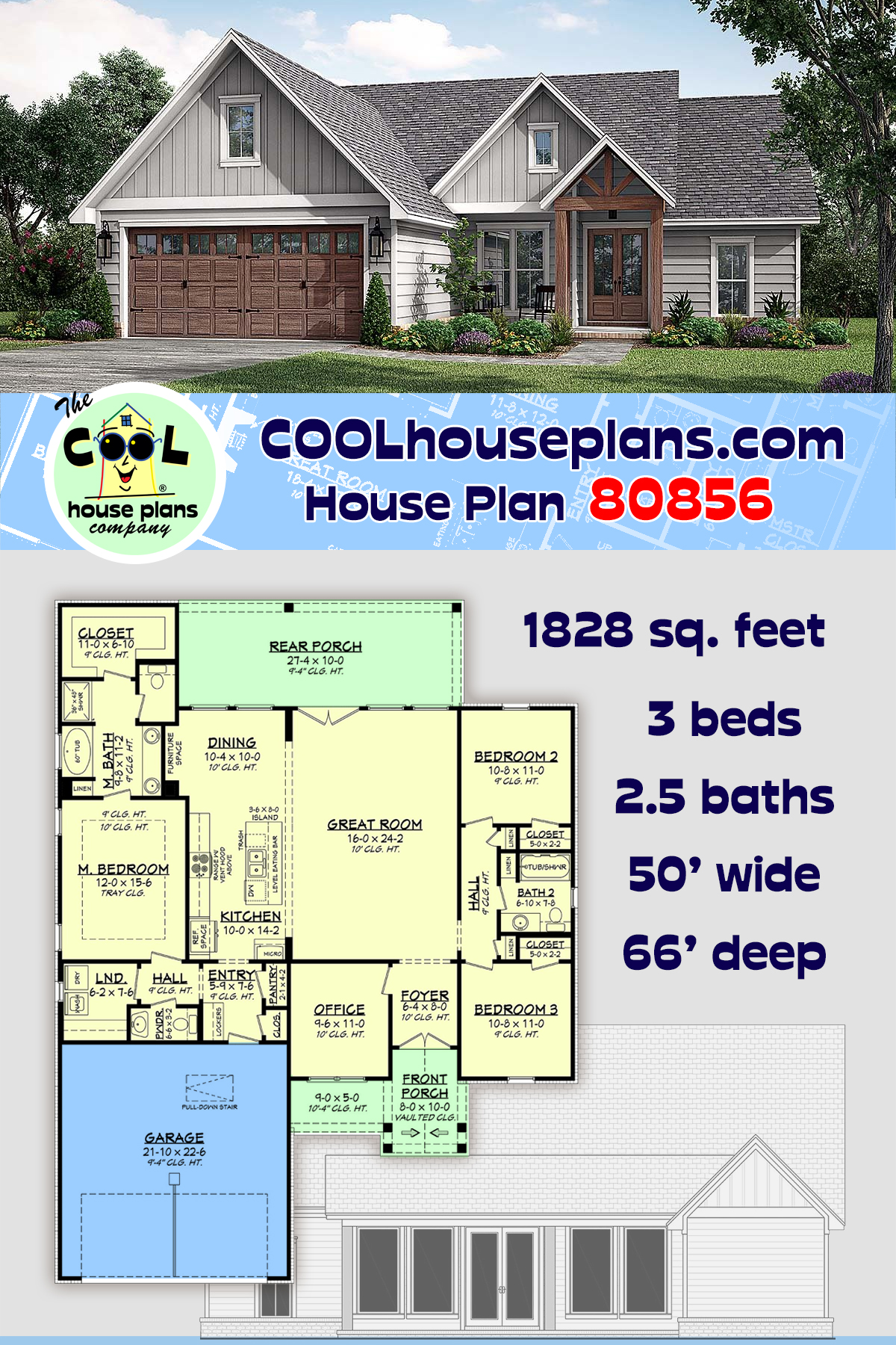 Country, Farmhouse, One-Story, Traditional House Plan 80856 with 3 Beds, 3 Baths, 2 Car Garage