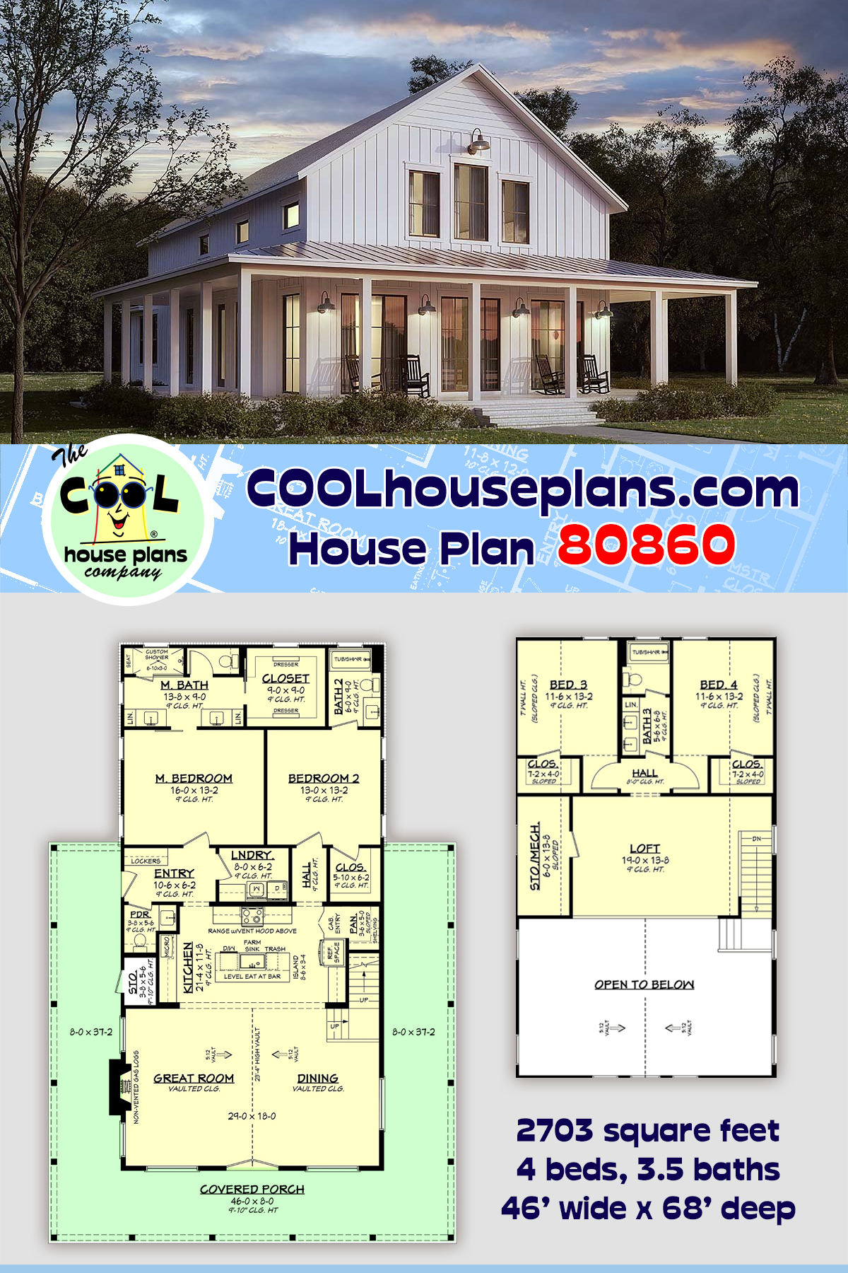 Barndominium, Country, Farmhouse, Southern House Plan 80860 with 4 Beds, 4 Baths