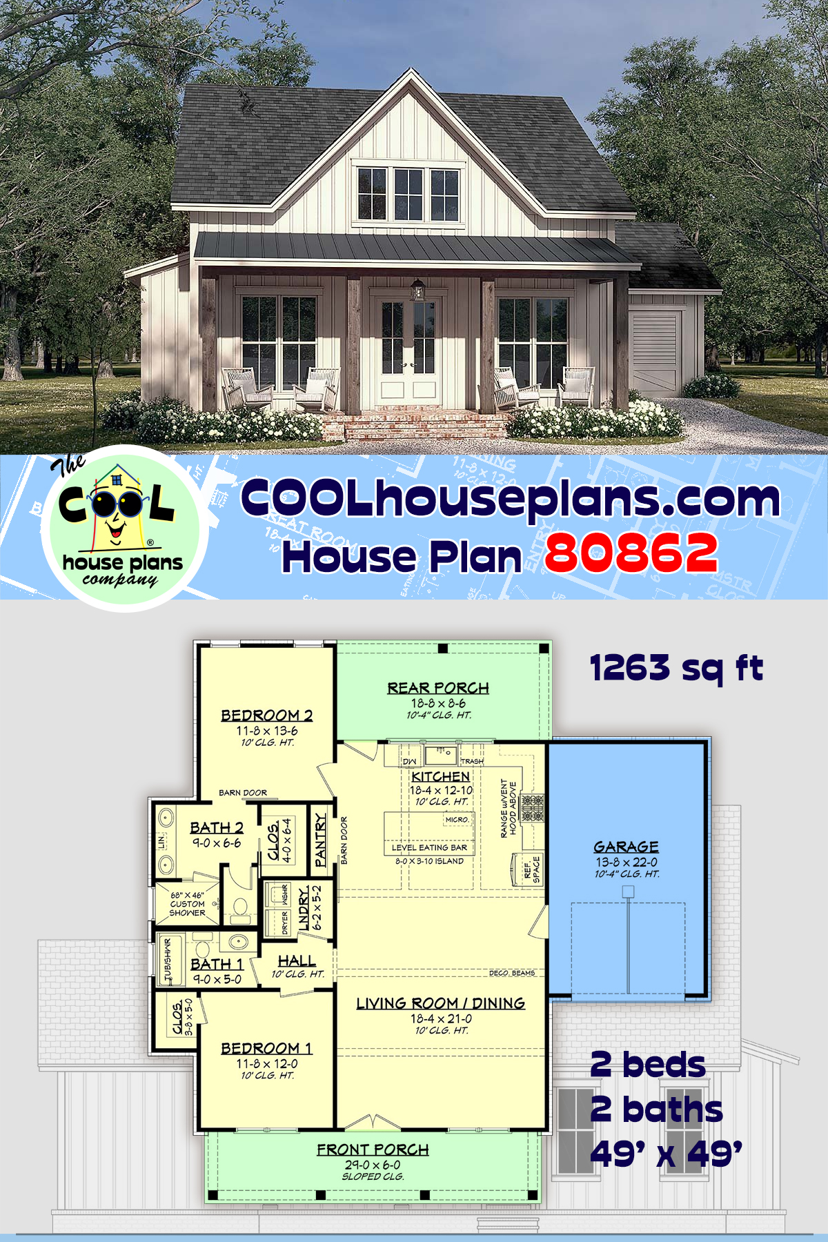 Country, Farmhouse, Traditional House Plan 80862 with 2 Beds, 2 Baths, 1 Car Garage