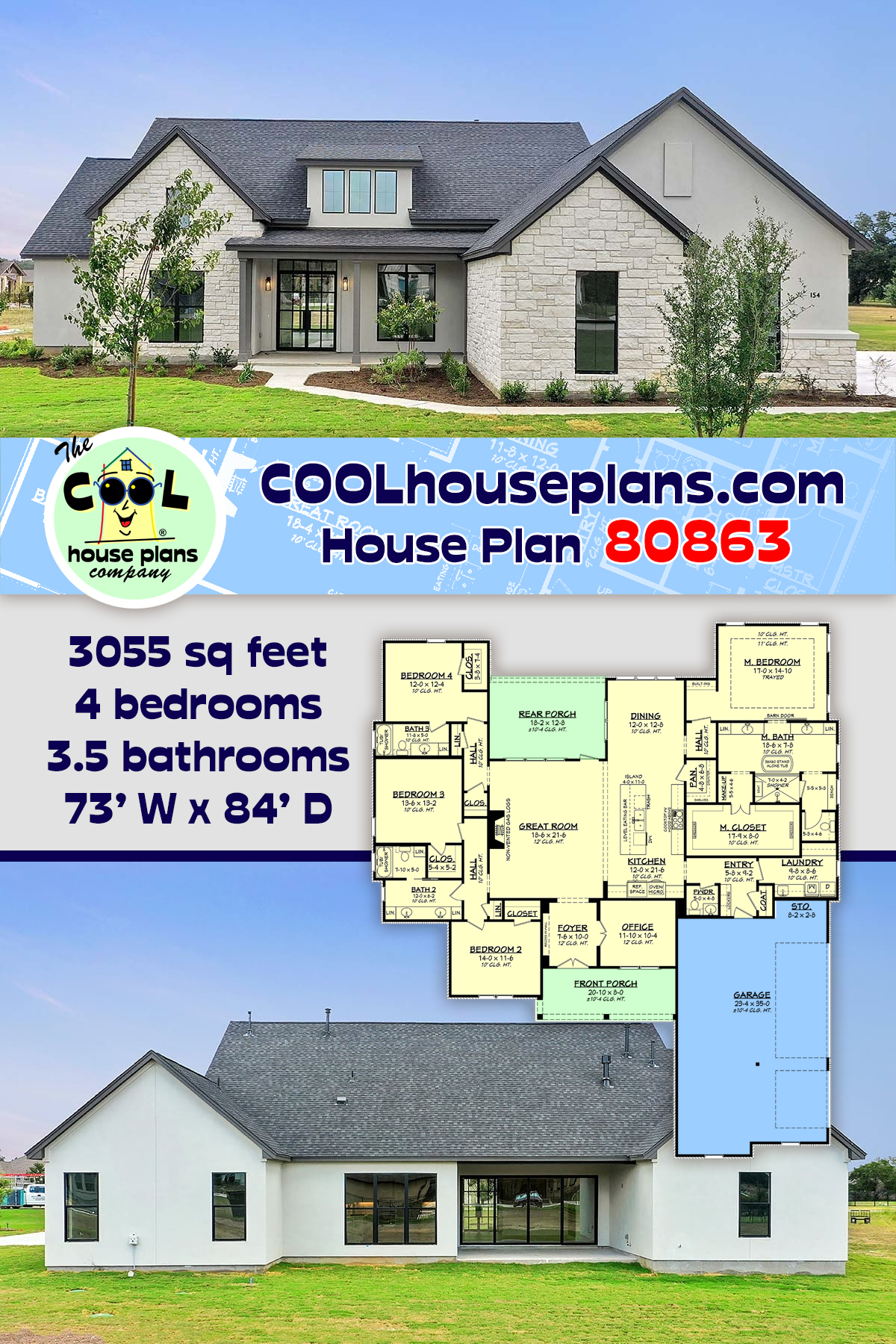 Craftsman, Farmhouse, Traditional House Plan 80863 with 4 Beds, 4 Baths, 3 Car Garage