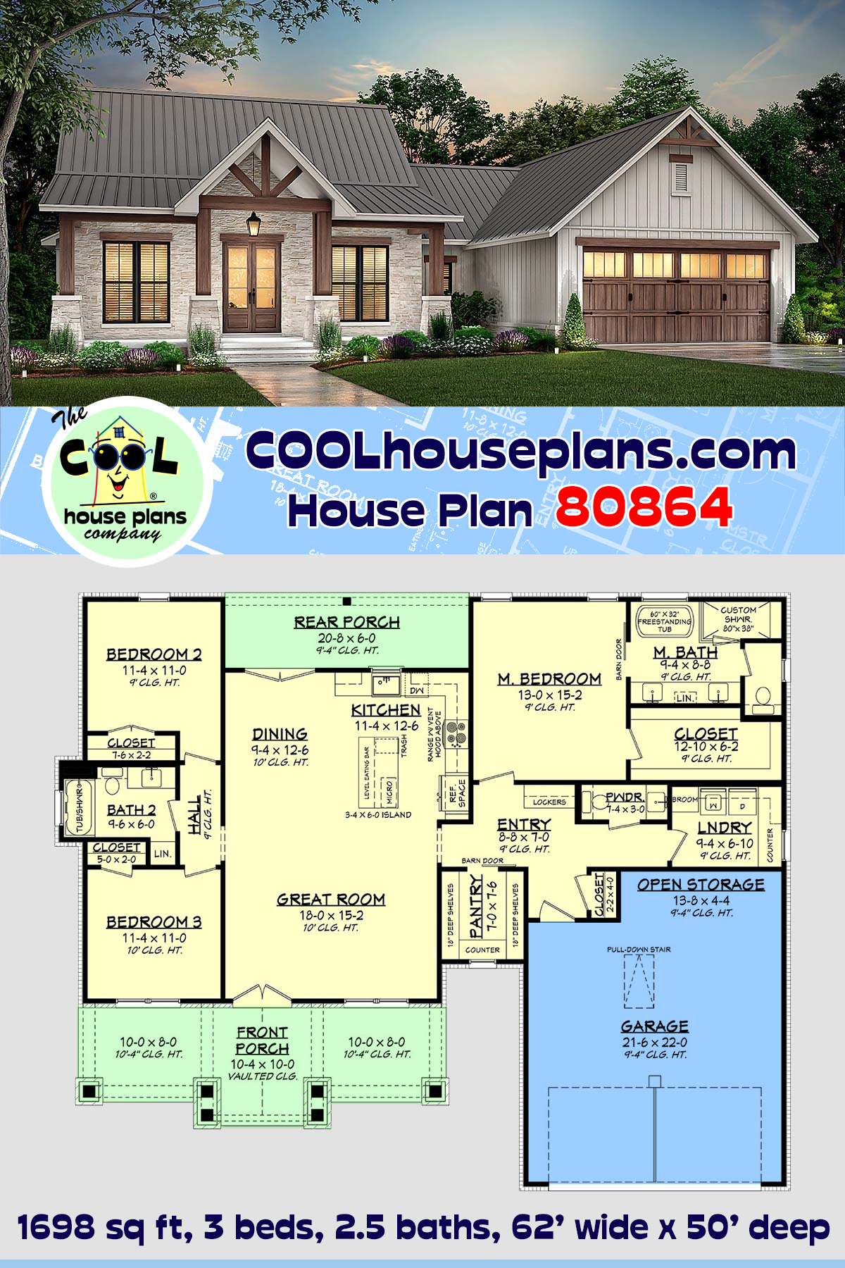 Country, Farmhouse, New American, Traditional House Plan 80864 with 3 Beds, 3 Baths, 2 Car Garage