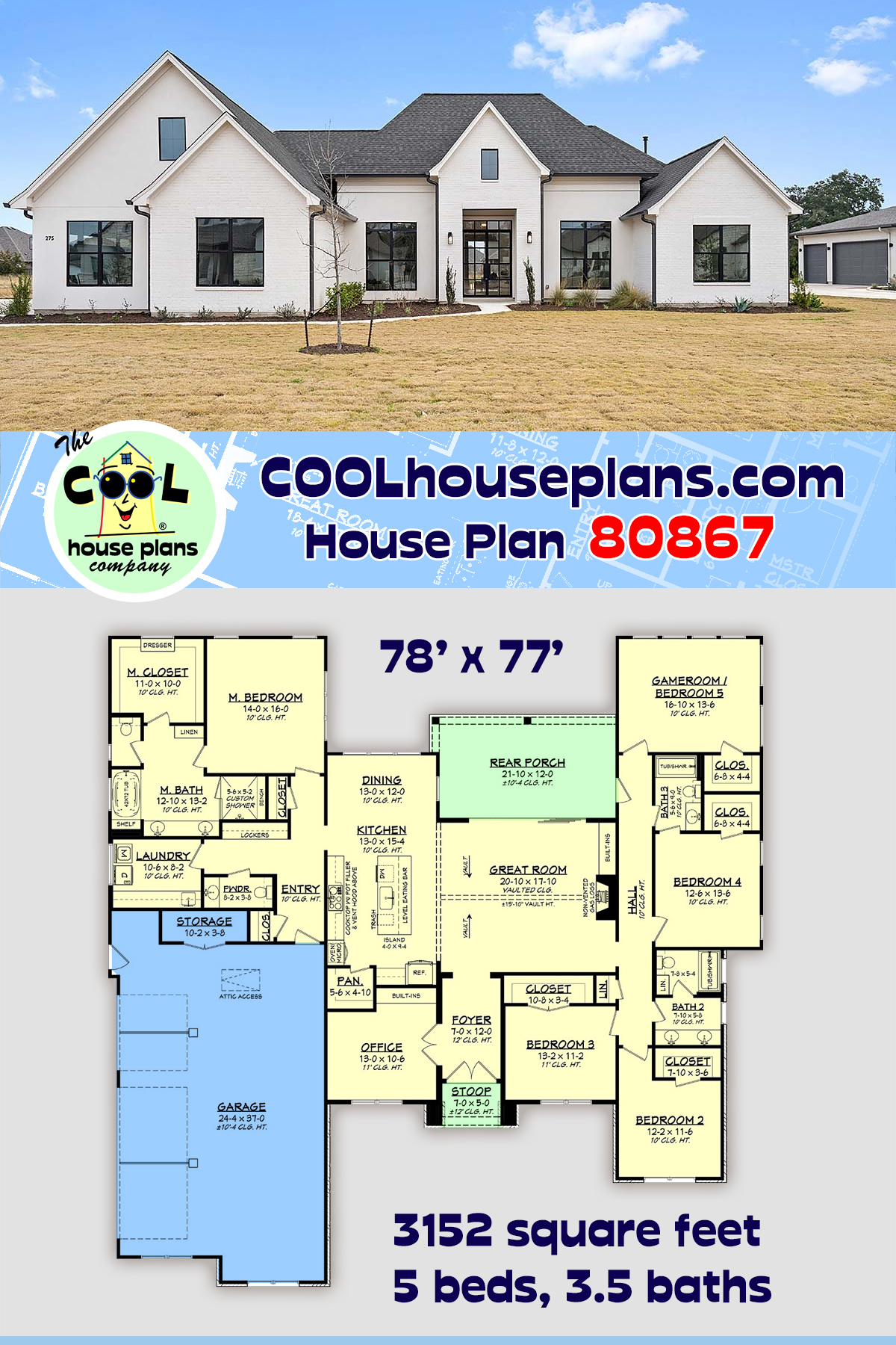 Farmhouse, Traditional House Plan 80867 with 5 Beds, 4 Baths, 3 Car Garage