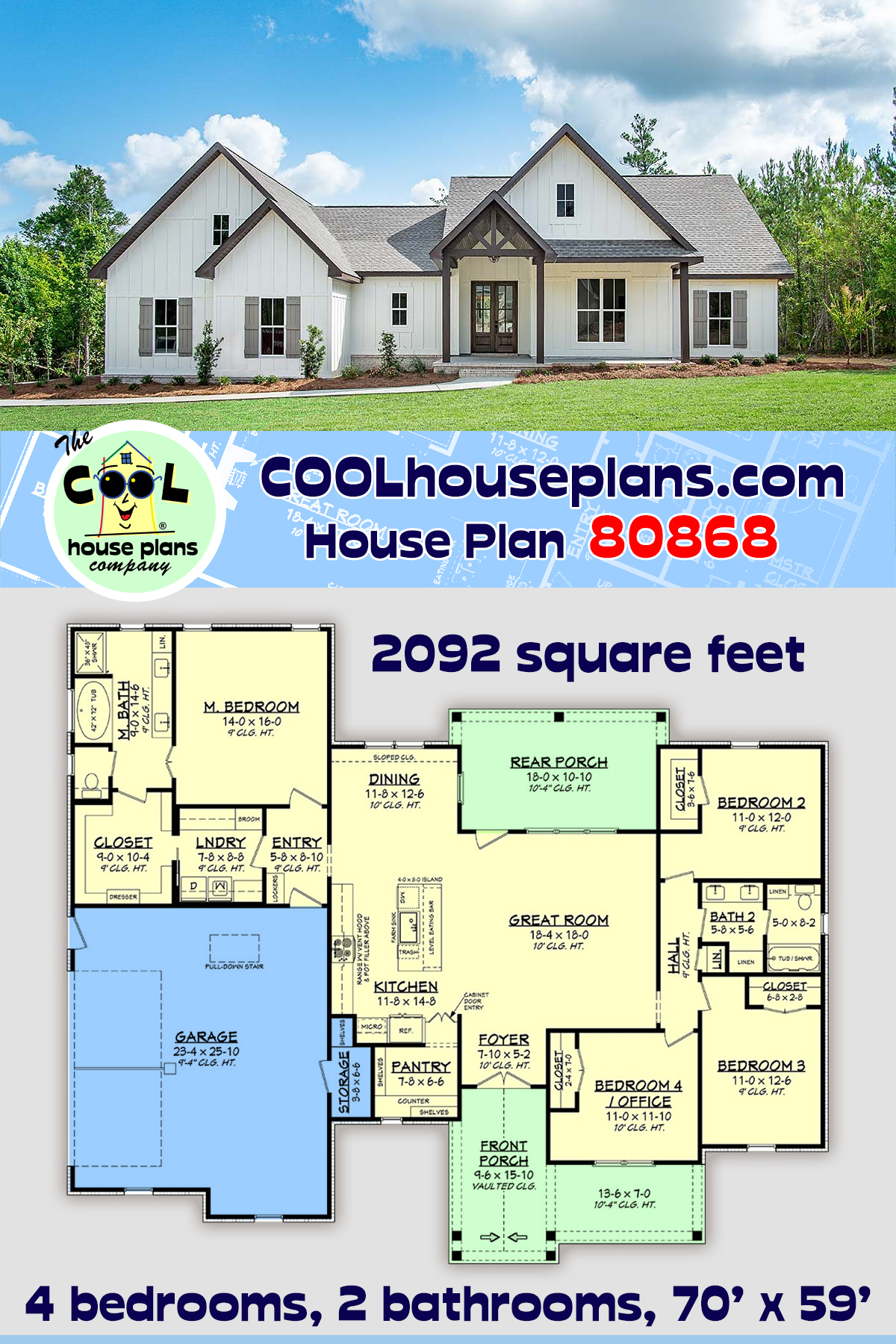 Country, Craftsman, Farmhouse, New American, Traditional House Plan 80868 with 4 Beds, 2 Baths, 2 Car Garage