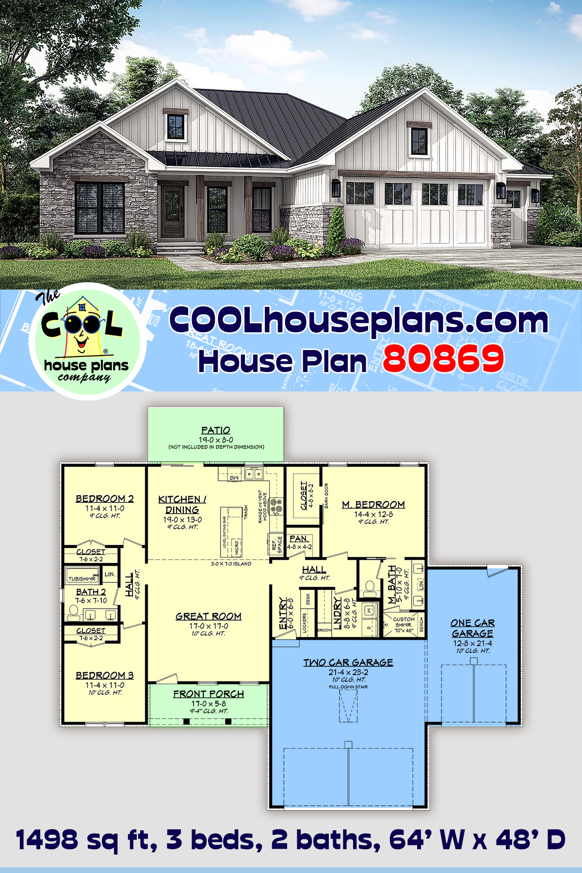 Country, Farmhouse, New American, Traditional House Plan 80869 with 3 Beds, 2 Baths, 3 Car Garage