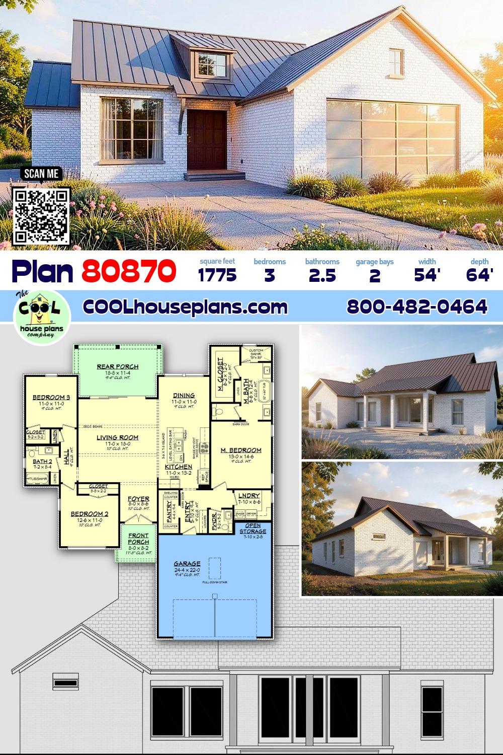 Farmhouse, Traditional House Plan 80870 with 3 Beds, 3 Baths, 2 Car Garage