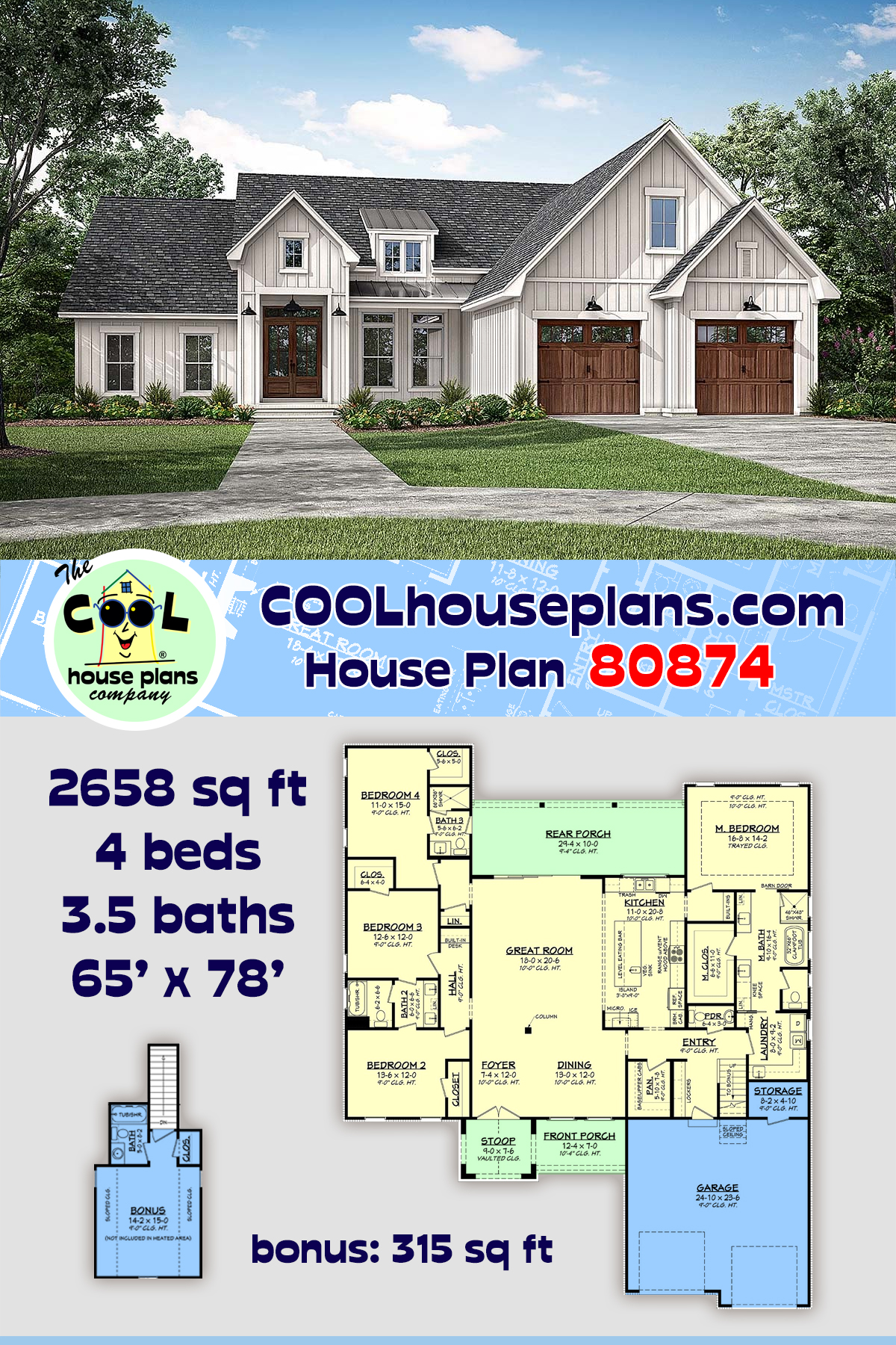 Country, Craftsman, Farmhouse, Southern House Plan 80874 with 4 Beds, 4 Baths, 2 Car Garage