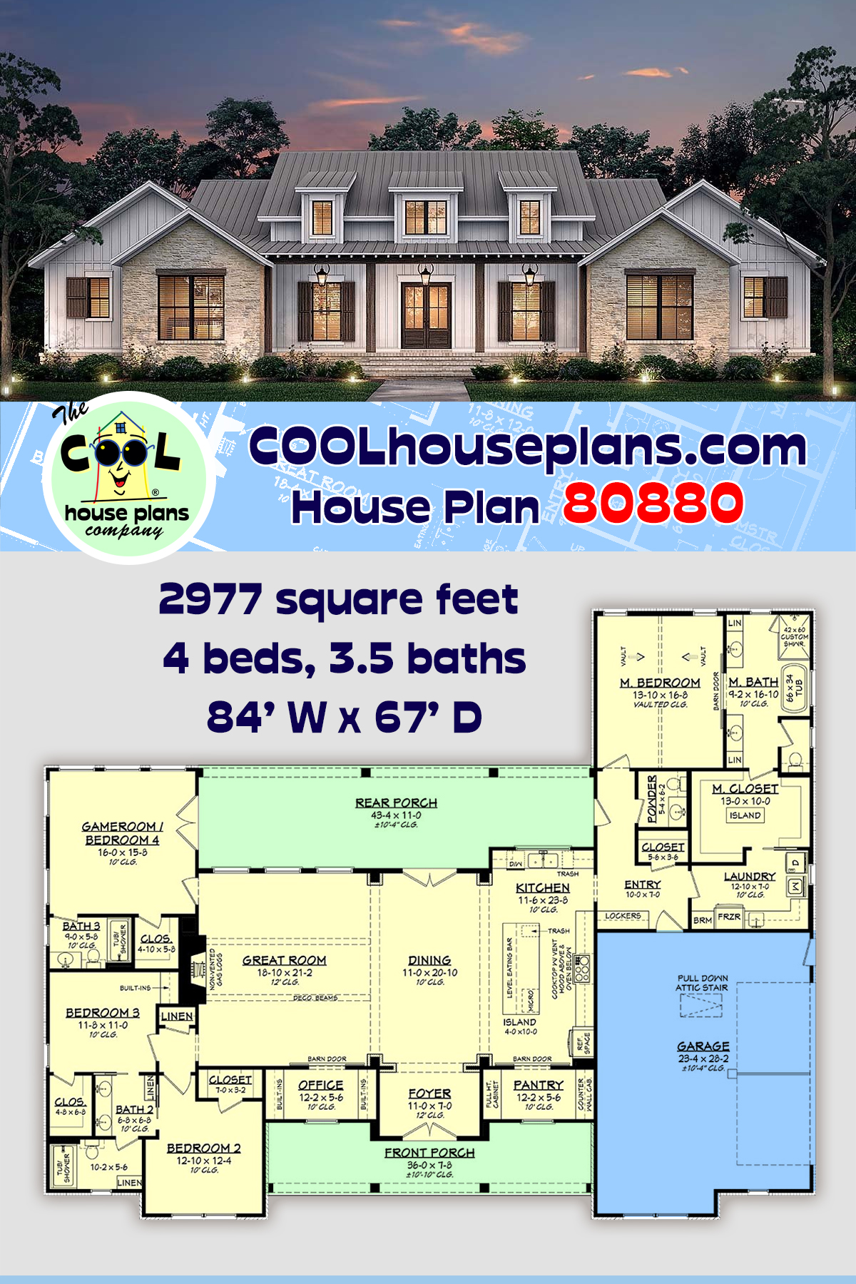 House Plan 80880 - Traditional Style with 2977 Sq Ft, 4 Bed, 3 Ba |  COOLhouseplans.com, image size:1200x1800