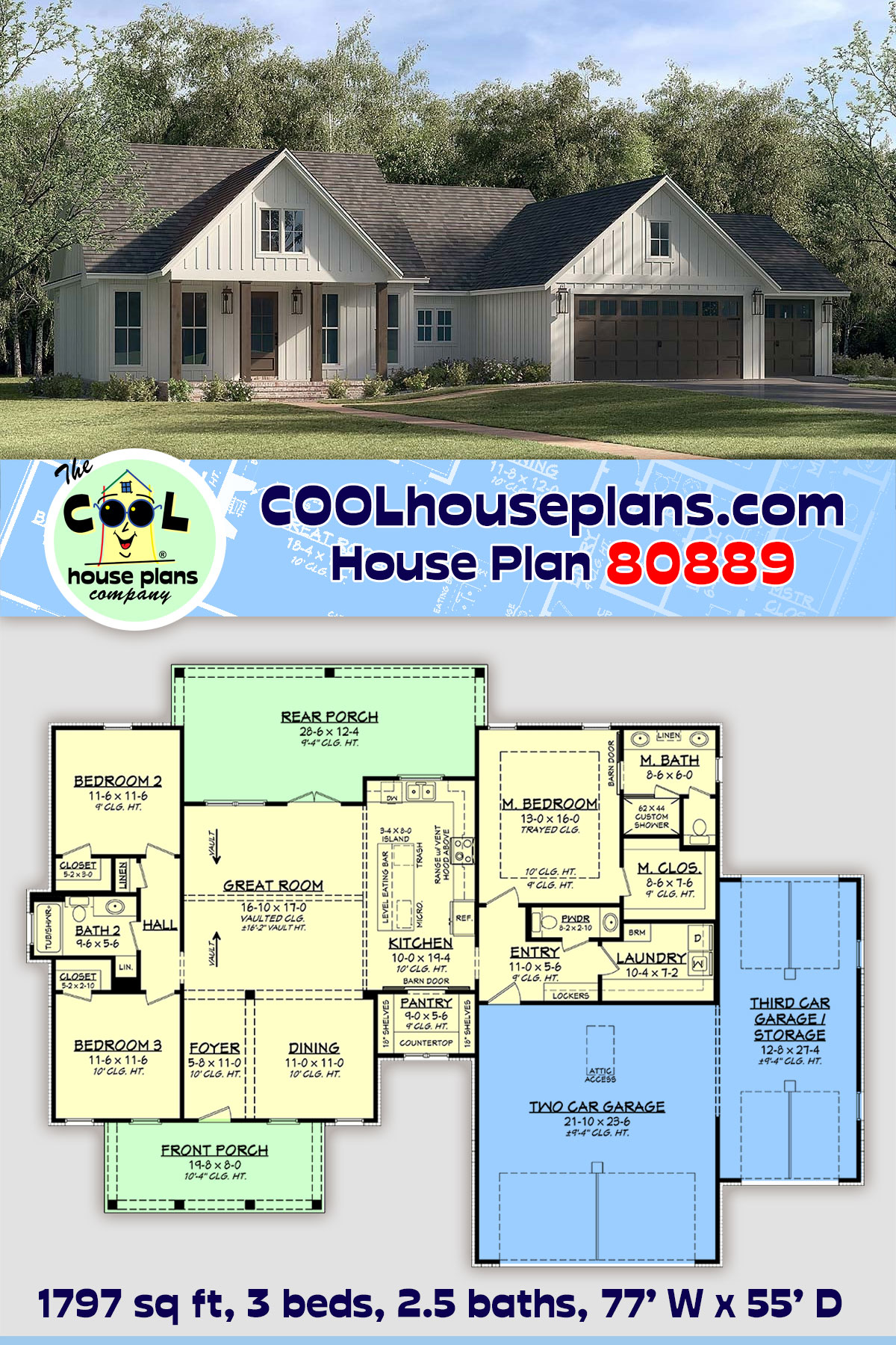 Country, Farmhouse, New American, Ranch, Traditional House Plan 80889 with 3 Beds, 3 Baths, 3 Car Garage