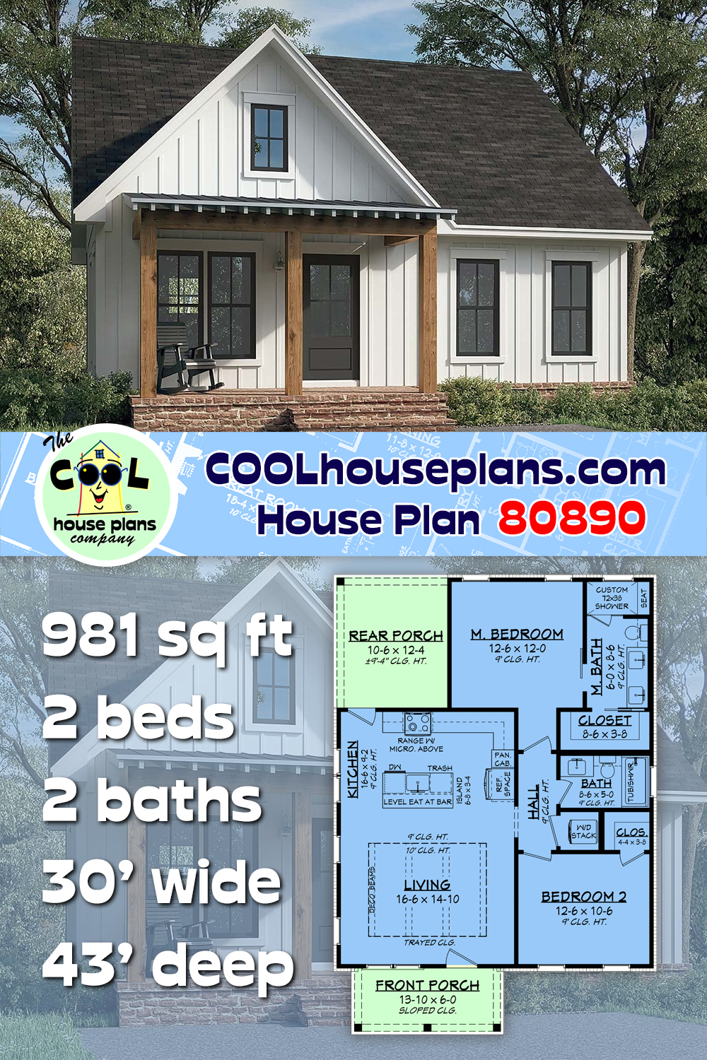 Country, Farmhouse, Southern House Plan 80890 with 2 Beds, 2 Baths