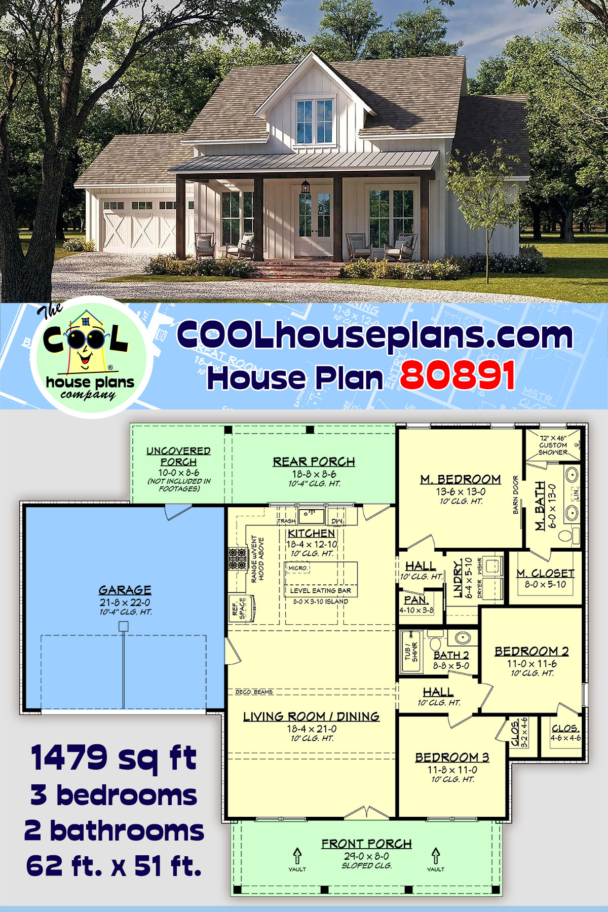Country, Farmhouse, Traditional House Plan 80891 with 3 Beds, 2 Baths, 2 Car Garage
