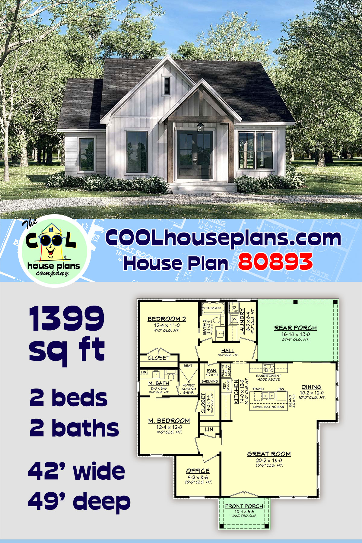 Country, Craftsman, Farmhouse, Southern House Plan 80893 with 2 Beds, 2 Baths