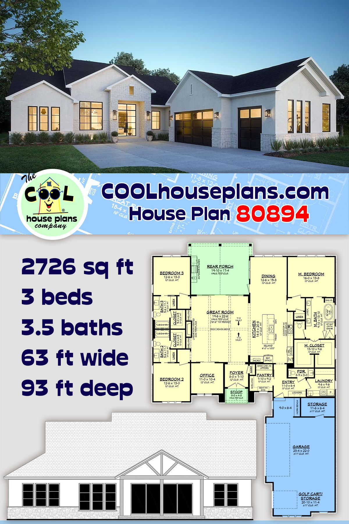 Contemporary, New American, Southern, Traditional House Plan 80894 with 3 Beds, 4 Baths, 2 Car Garage