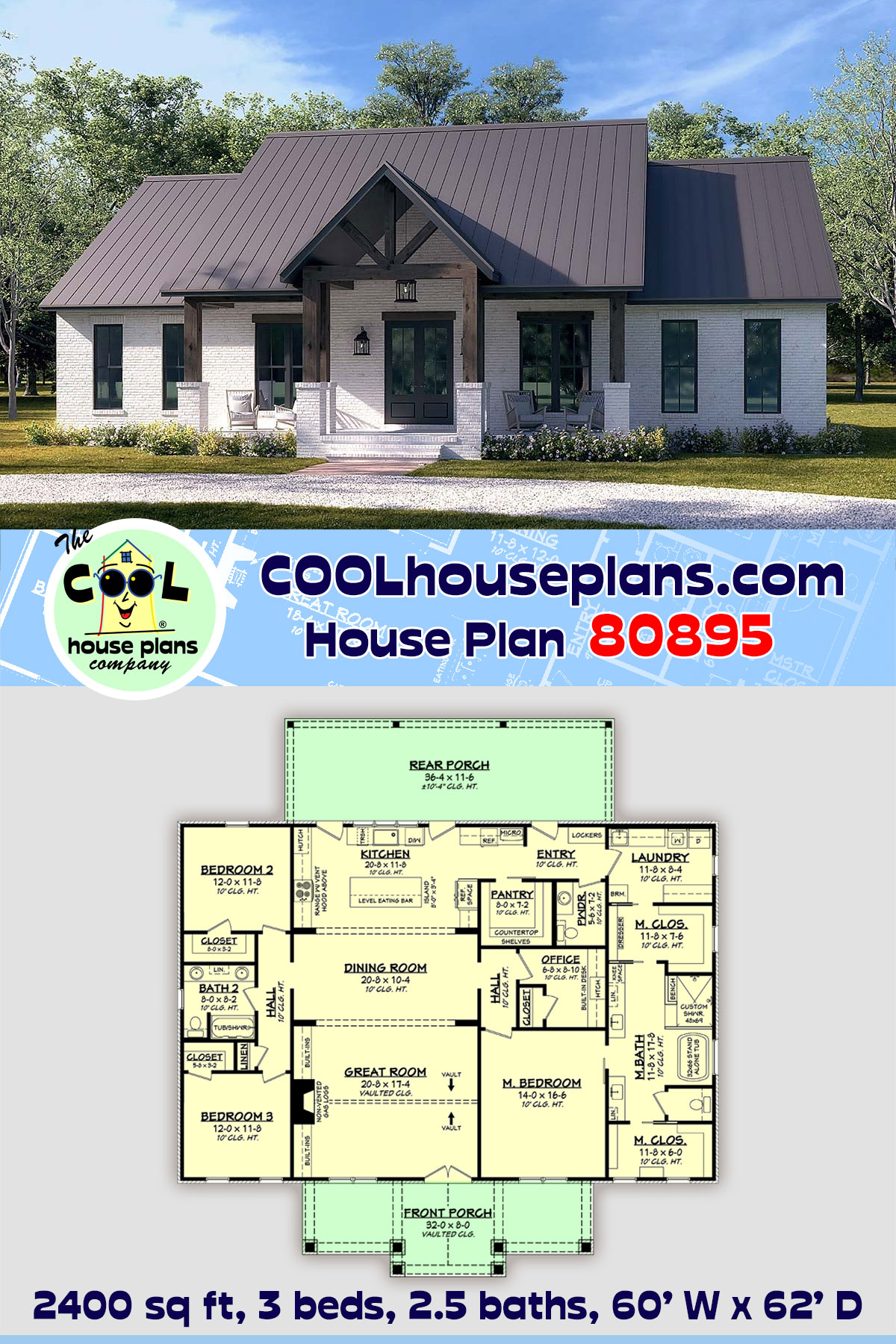 Country, Craftsman, Farmhouse, Traditional House Plan 80895 with 3 Beds, 3 Baths