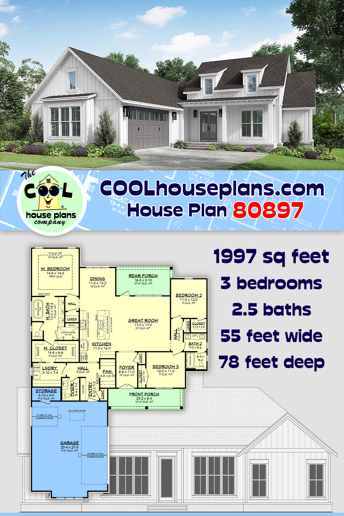 Country, Farmhouse House Plan 80897 with 3 Beds, 3 Baths, 2 Car Garage