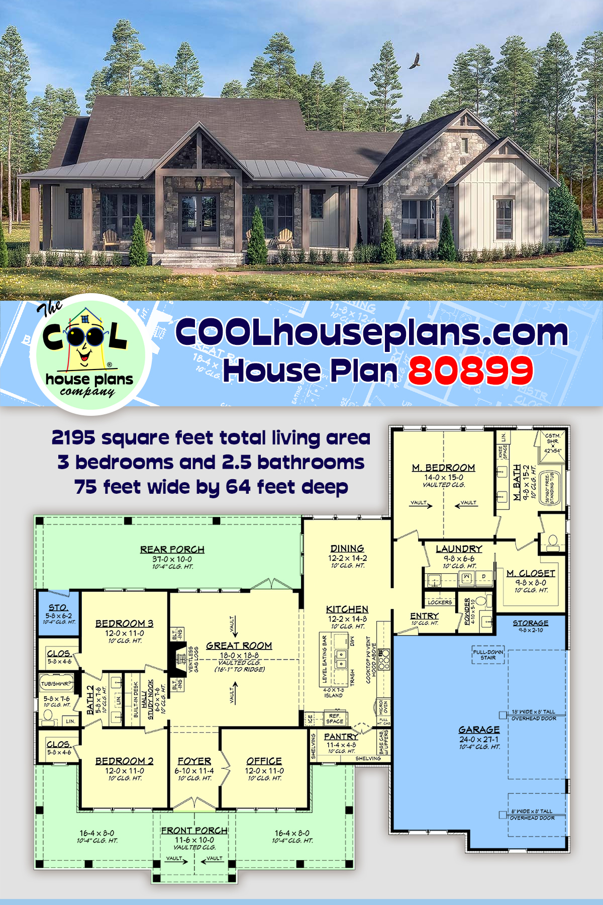 Country, Farmhouse House Plan 80899 with 3 Beds, 3 Baths, 2 Car Garage