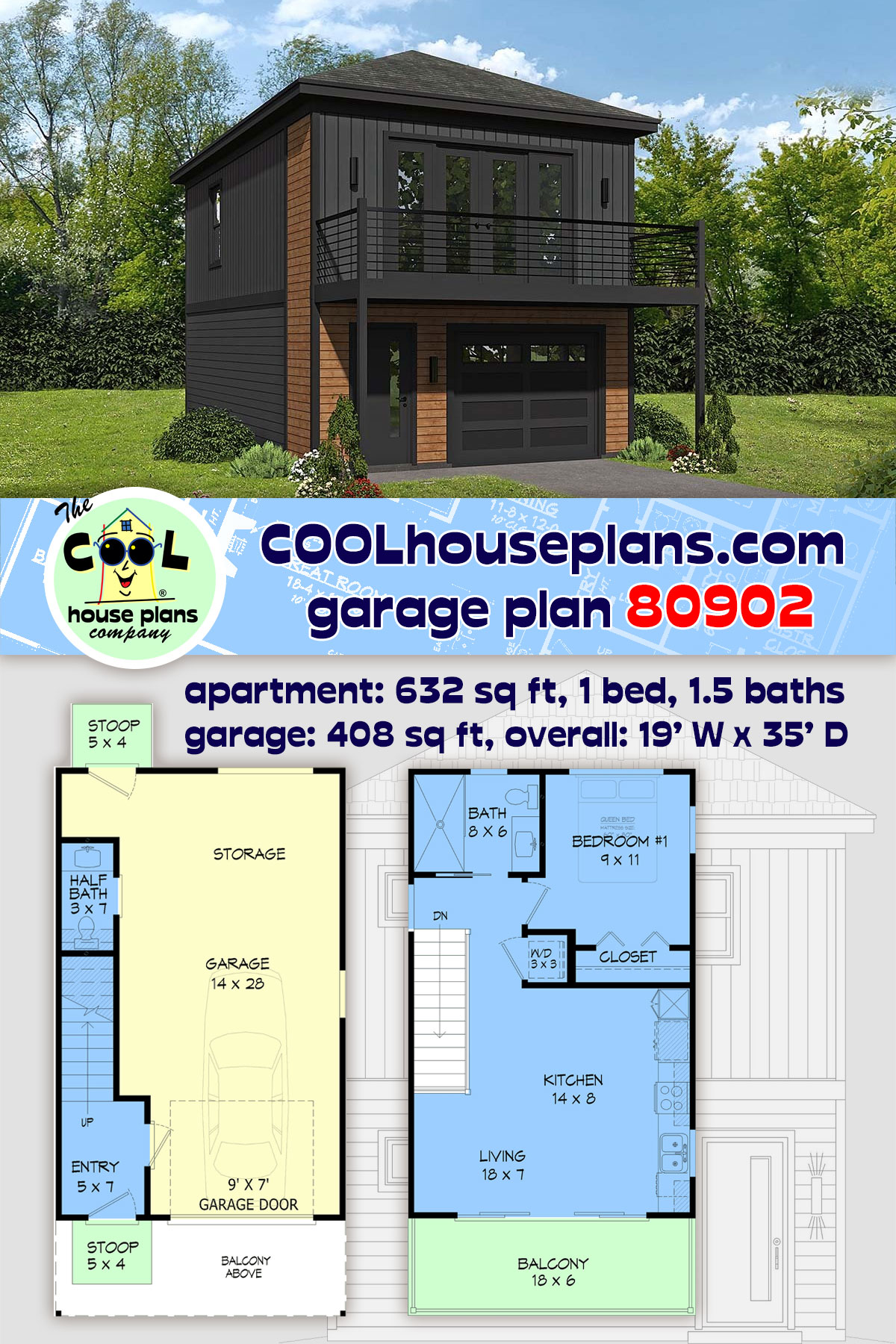Contemporary, Modern Garage-Living Plan 80902 with 1 Beds, 2 Baths, 1 Car Garage