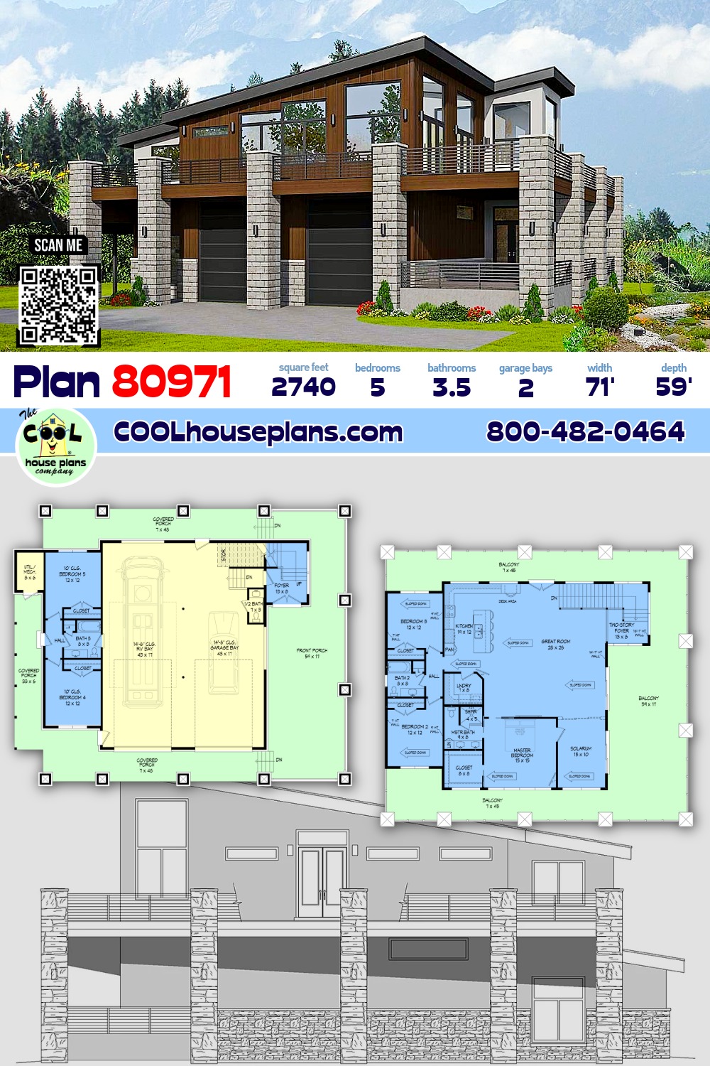 Contemporary, Modern Garage-Living Plan 80971 with 5 Beds, 4 Baths, 2 Car Garage