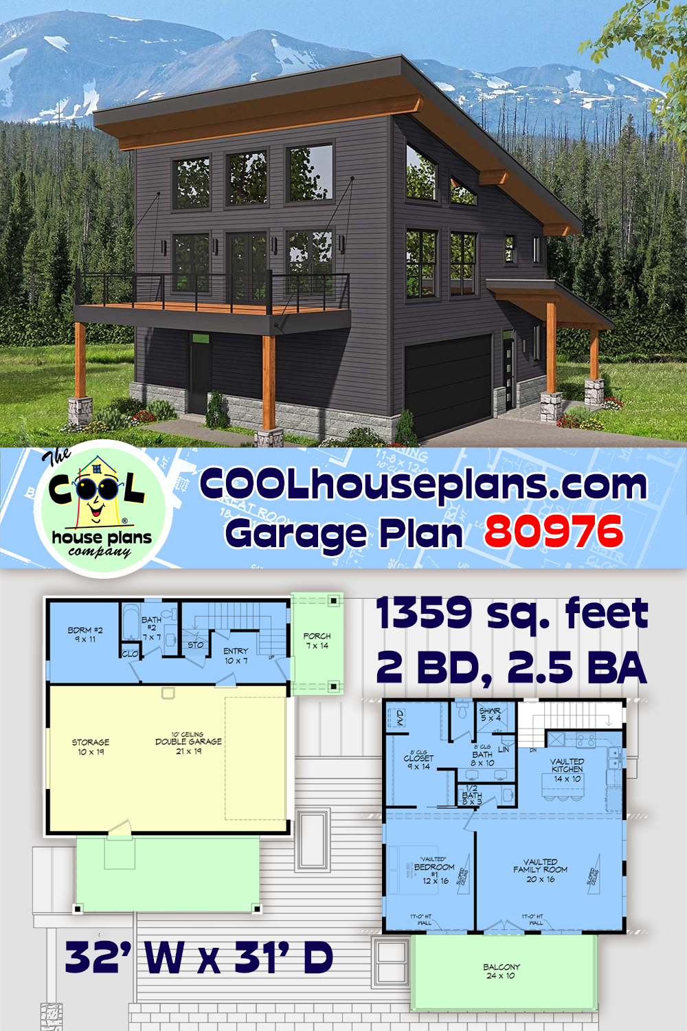 Coastal, Contemporary, Modern Garage-Living Plan 80976 with 2 Beds, 3 Baths, 2 Car Garage