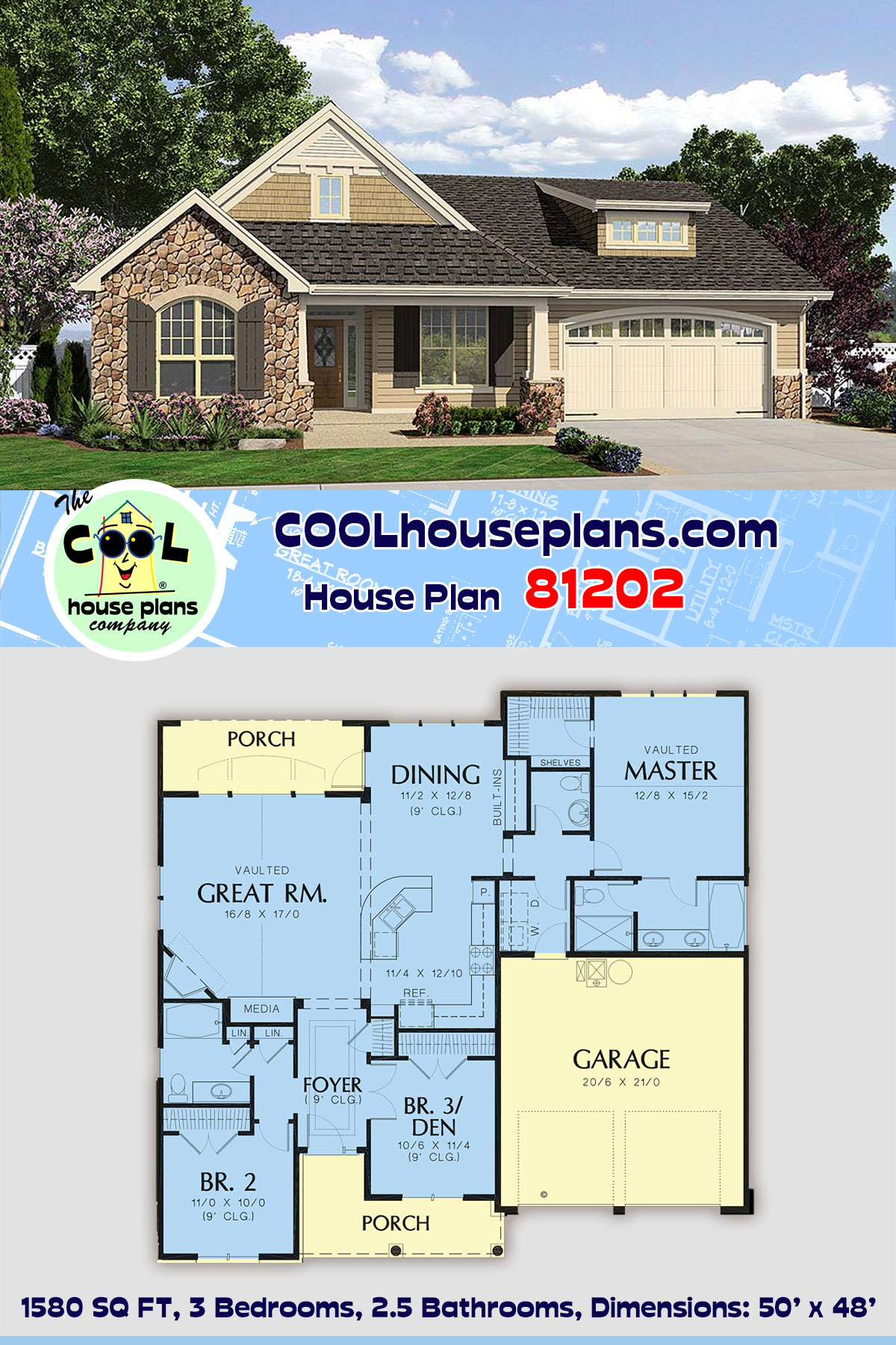 Cottage, Craftsman, French Country, Traditional House Plan 81202 with 3 Beds, 3 Baths, 2 Car Garage
