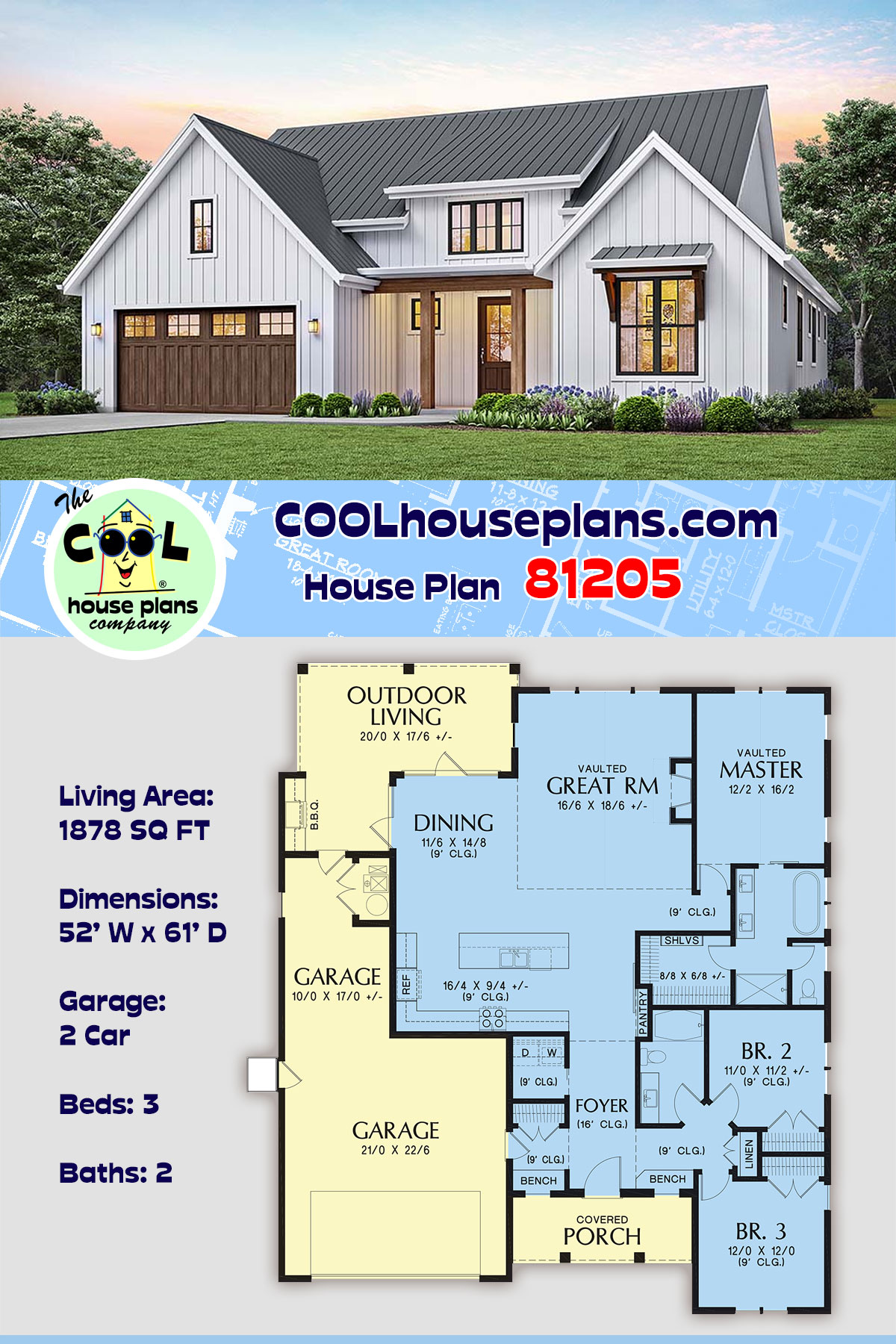 Country, Craftsman, Farmhouse House Plan 81205 with 3 Beds, 2 Baths, 2 Car Garage