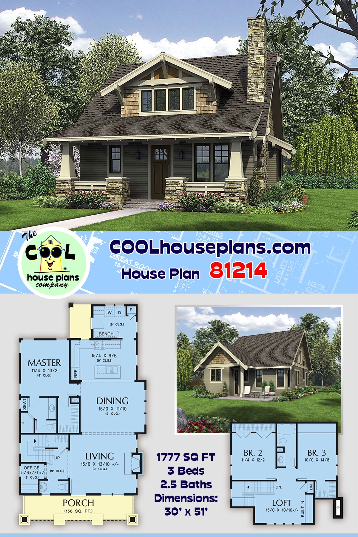 Bungalow, Cottage, Craftsman House Plan 81214 with 3 Beds, 3 Baths