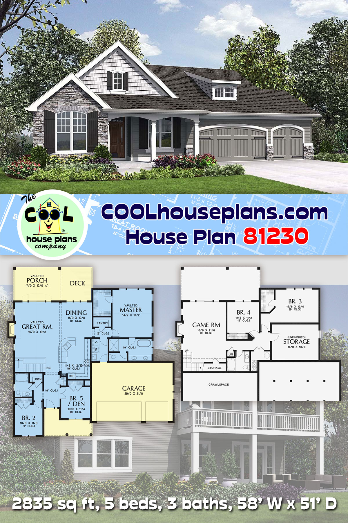 Craftsman, Ranch House Plan 81230 with 5 Beds, 3 Baths, 3 Car Garage