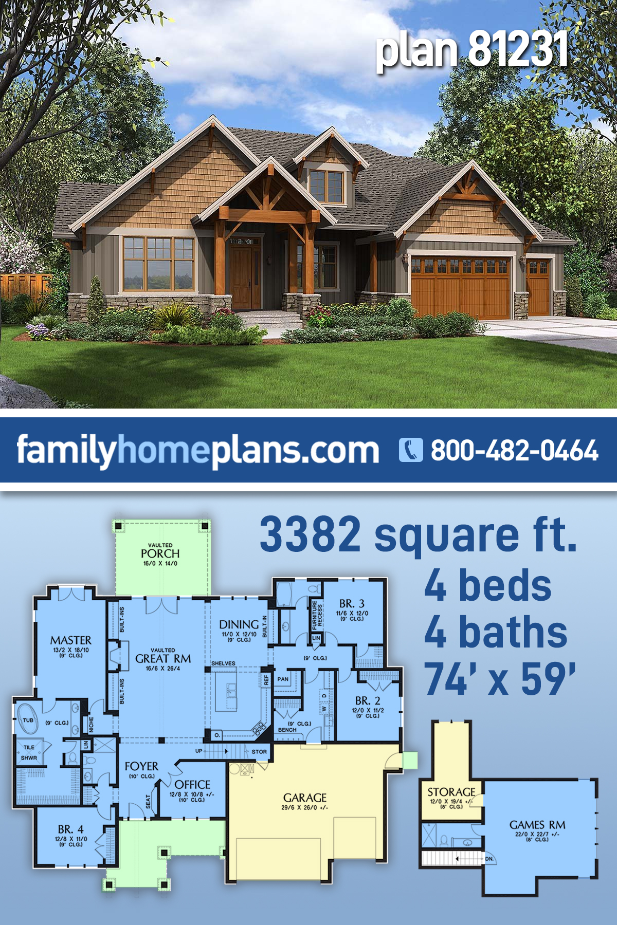 Craftsman House Plan 81231 with 4 Beds, 4 Baths, 3 Car Garage
