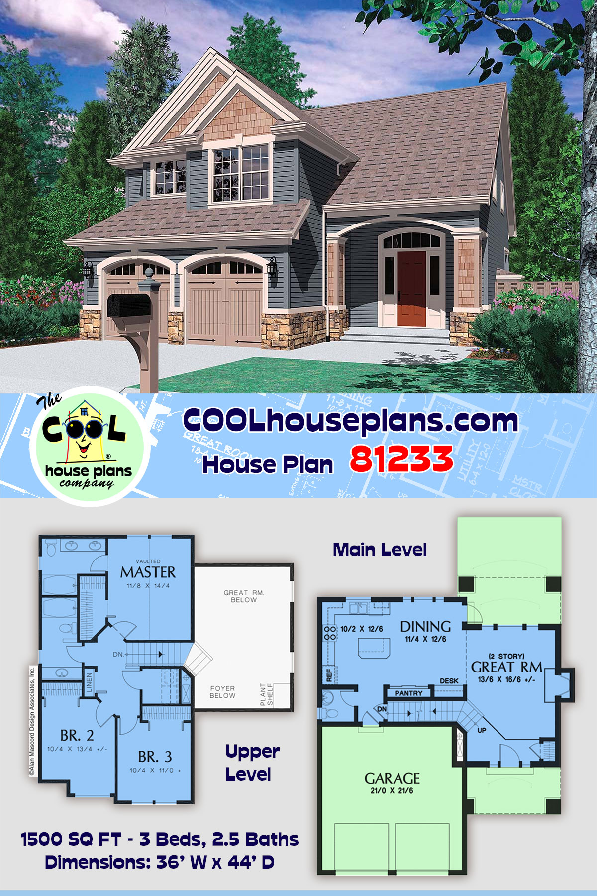 Craftsman, New American, Traditional House Plan 81233 with 3 Beds, 3 Baths, 2 Car Garage