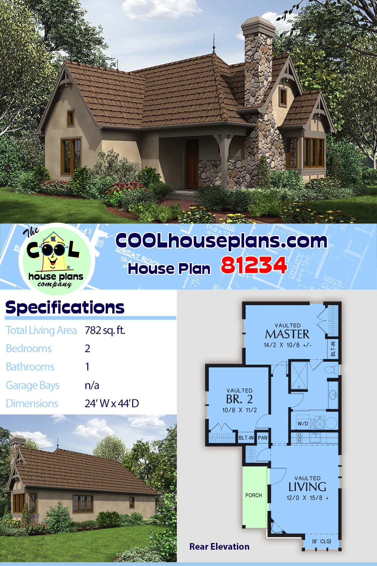 Cottage, French Country, Tudor House Plan 81234 with 2 Beds, 1 Baths