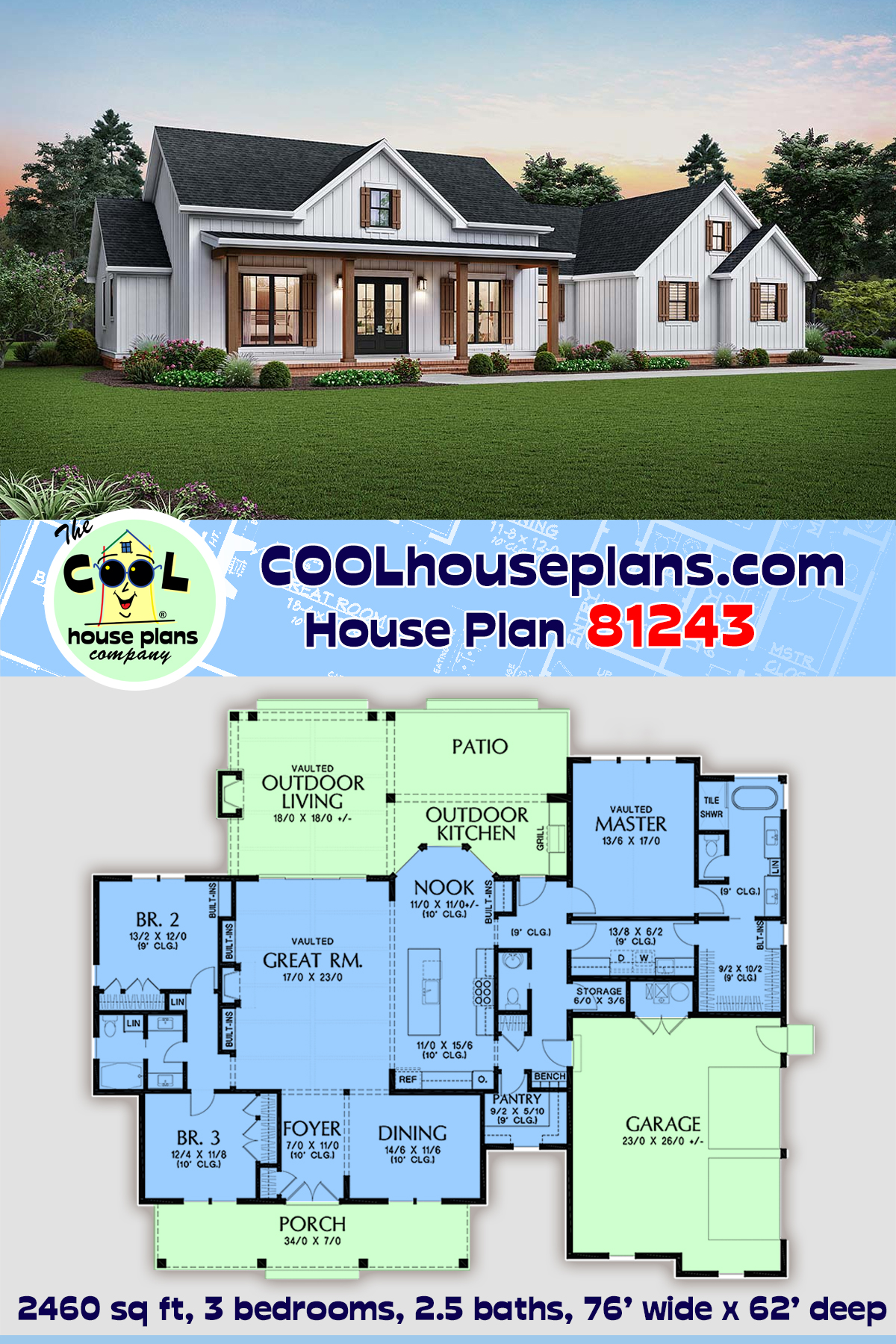 Cottage, Country, Craftsman, Farmhouse, Ranch House Plan 81243 with 3 Beds, 3 Baths, 2 Car Garage