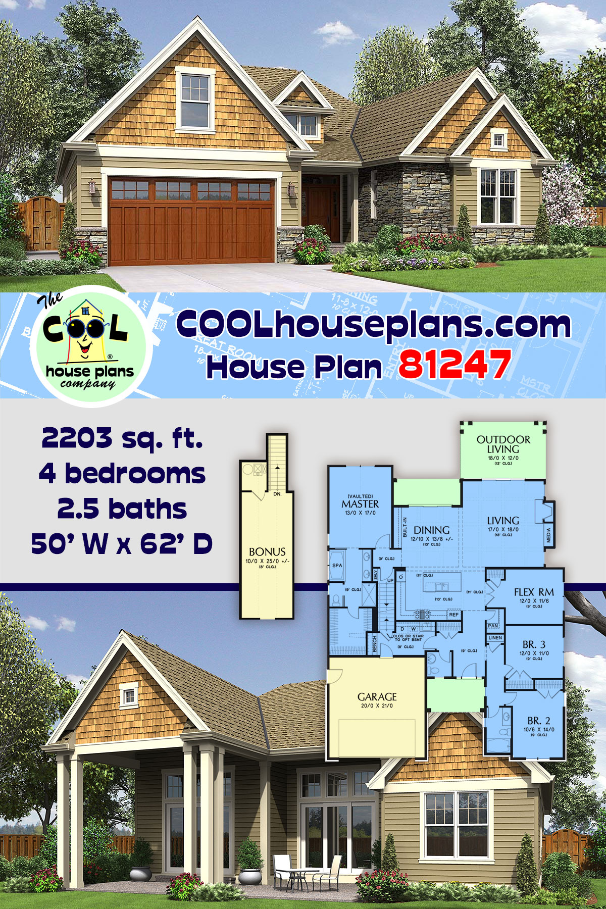 Craftsman, Ranch House Plan 81247 with 4 Beds, 3 Baths, 2 Car Garage