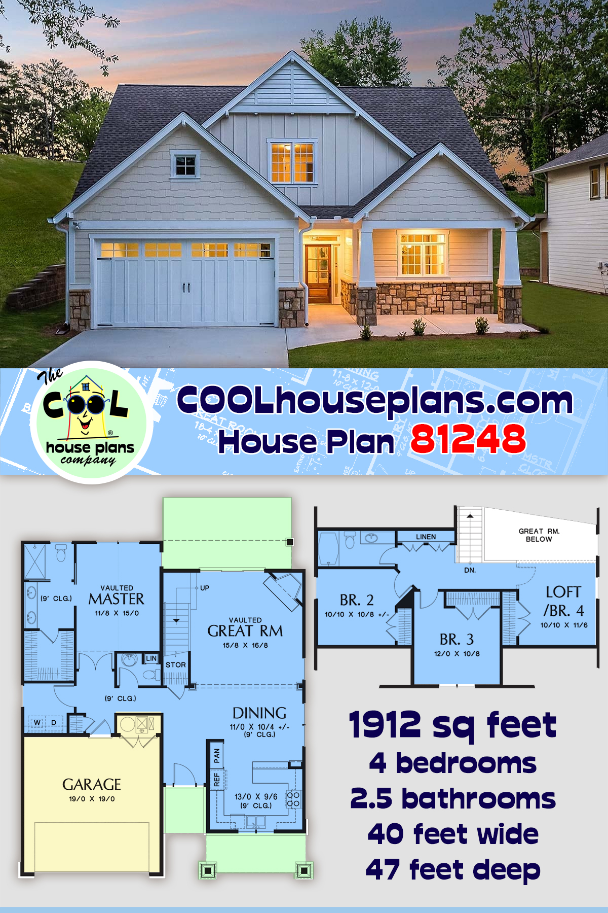 Bungalow, Craftsman, New American House Plan 81248 with 4 Beds, 3 Baths, 2 Car Garage
