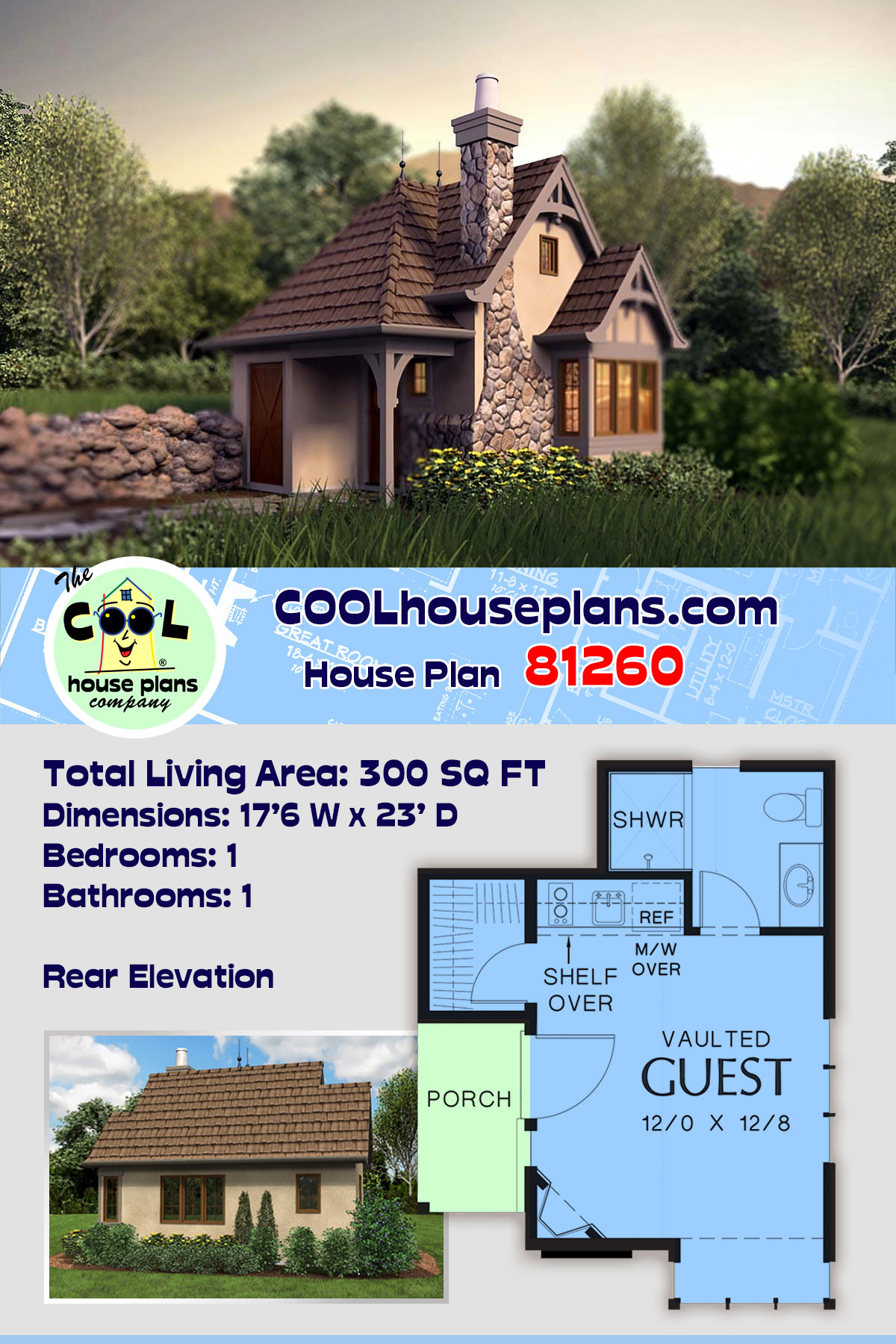 Cabin, Cottage, Narrow Lot, One-Story House Plan 81260 with 1 Beds, 1 Baths