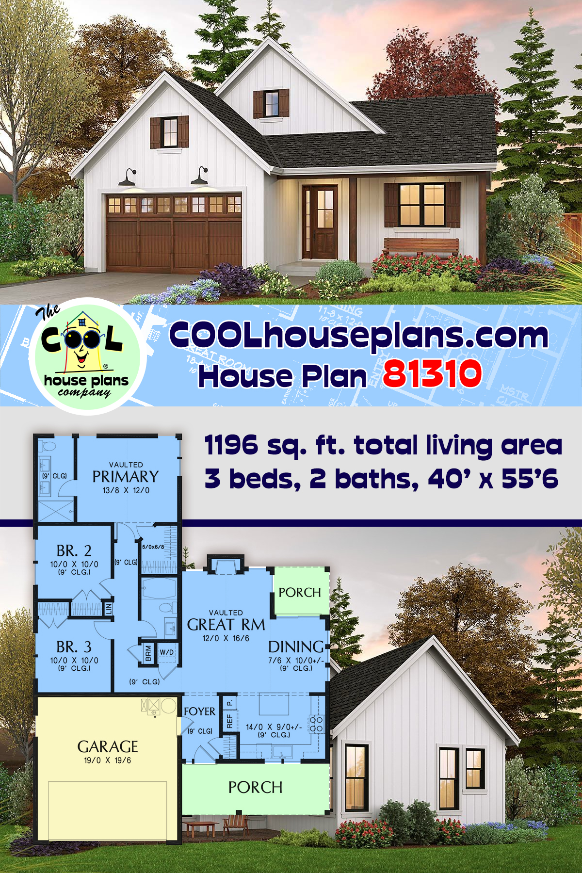 Craftsman, Farmhouse House Plan 81310 with 3 Beds, 2 Baths, 2 Car Garage