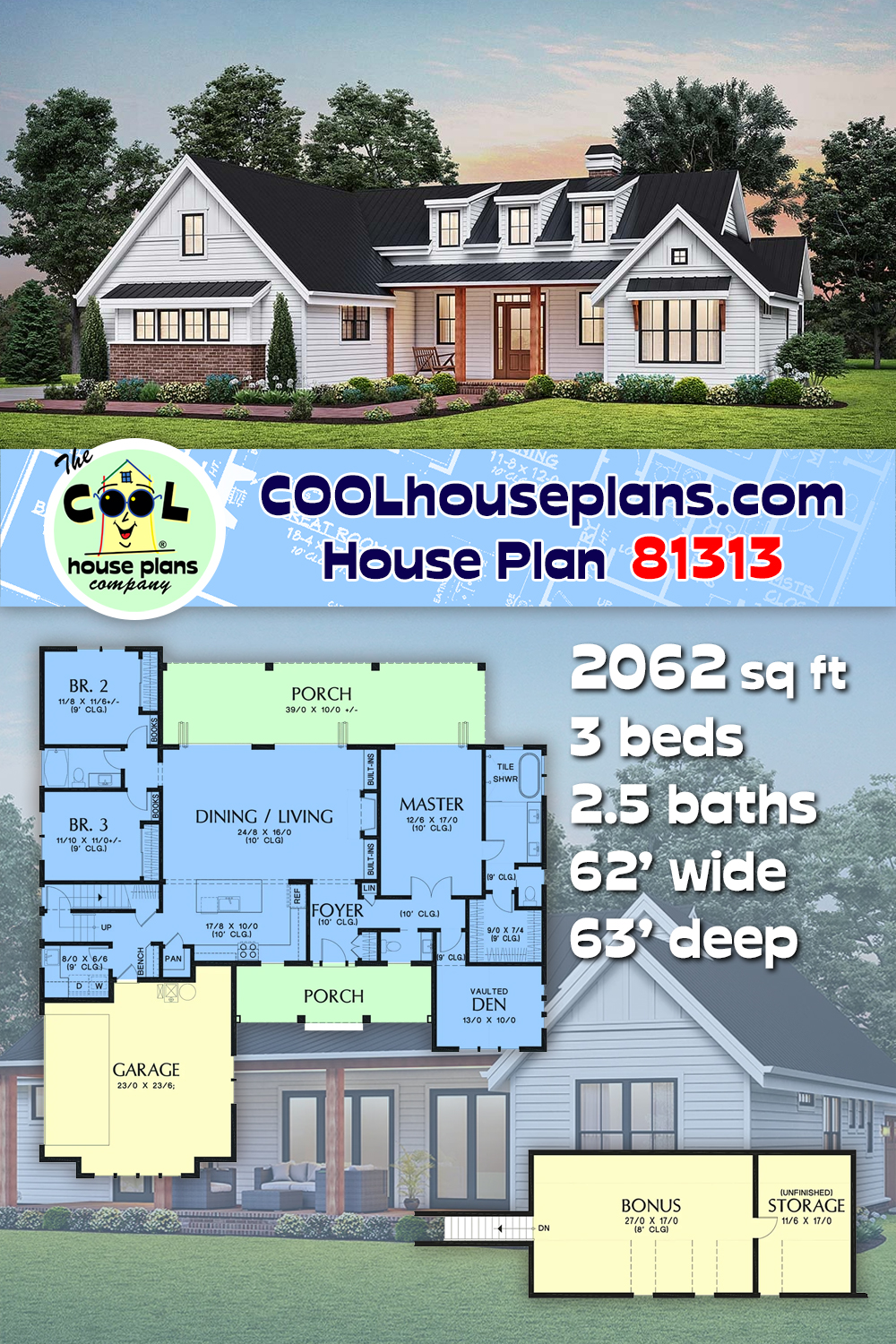 Contemporary, Farmhouse, Ranch House Plan 81313 with 3 Beds, 3 Baths, 2 Car Garage
