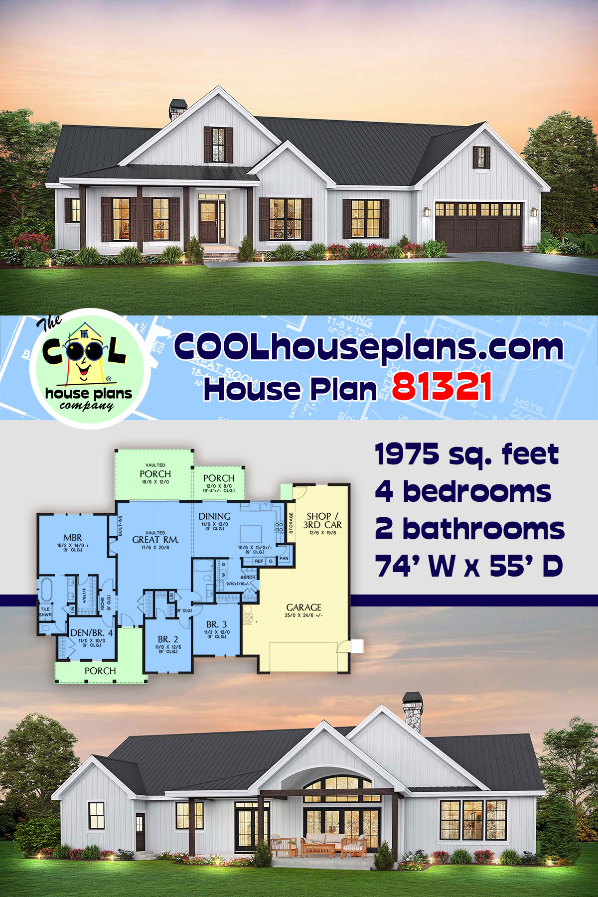 Craftsman, Farmhouse House Plan 81321 with 4 Beds, 2 Baths, 2 Car Garage