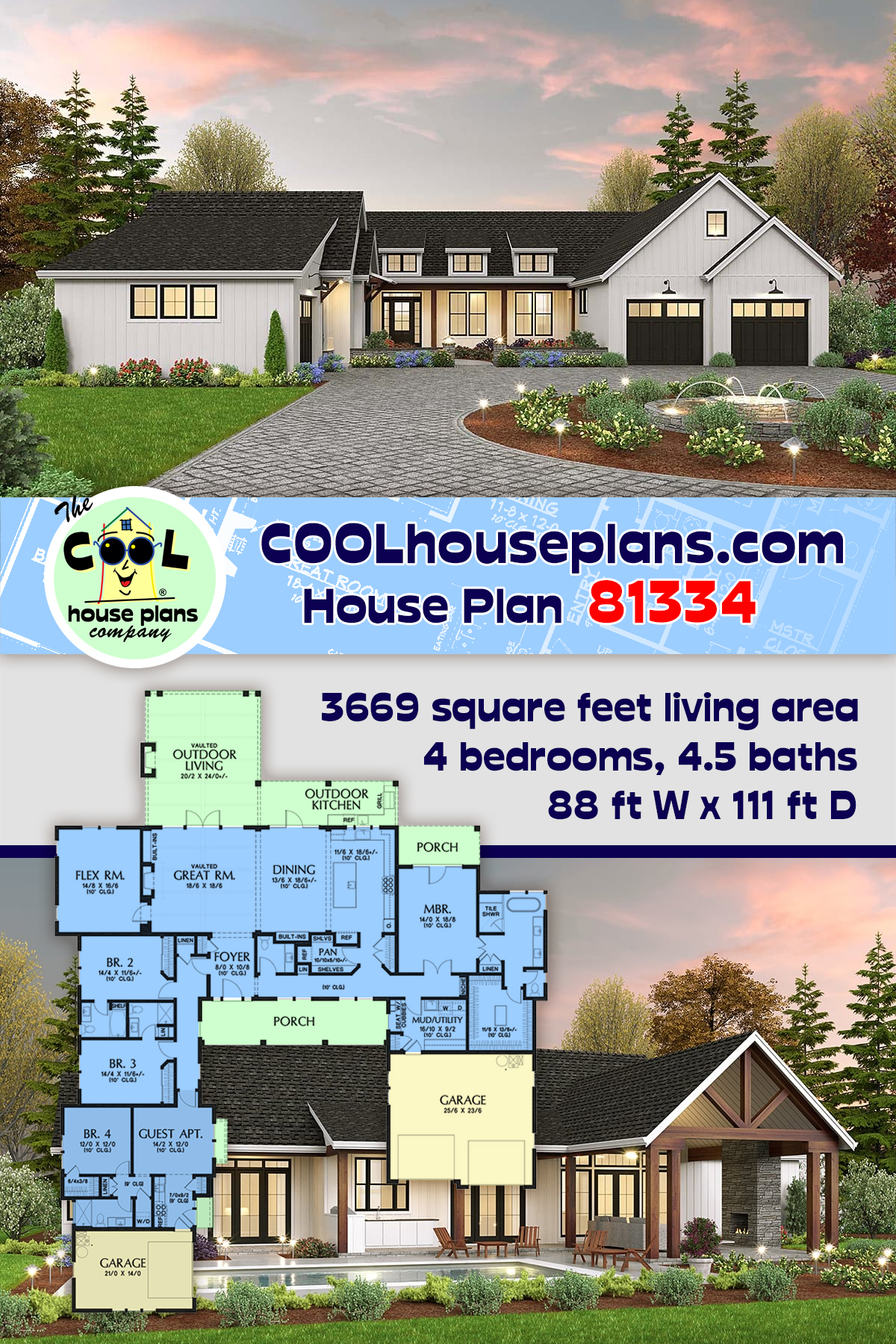 Farmhouse, Ranch House Plan 81334 with 4 Beds, 5 Baths, 3 Car Garage