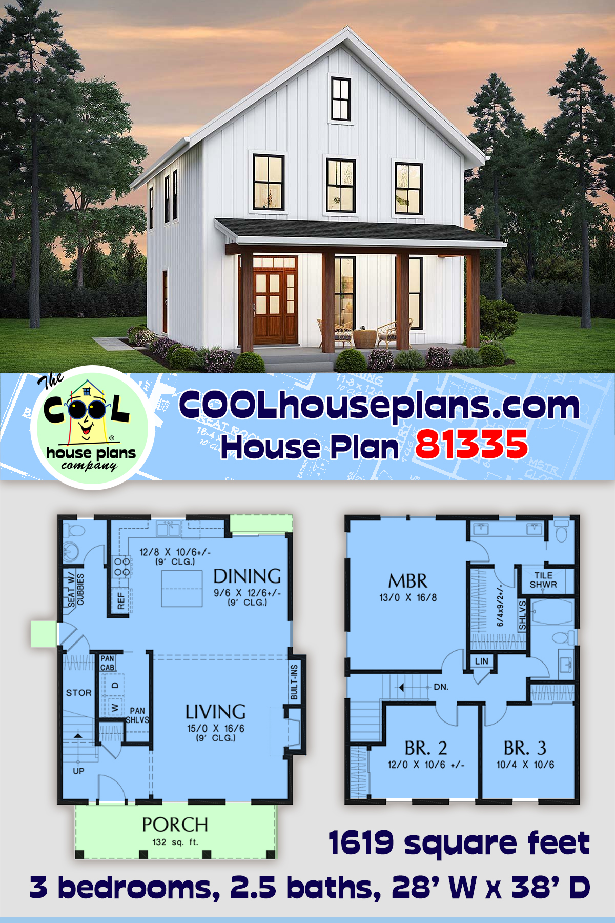 Farmhouse House Plan 81335 with 3 Beds, 3 Baths