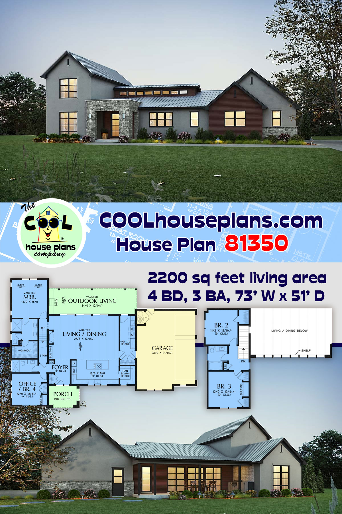 Contemporary, Farmhouse House Plan 81350 with 4 Beds, 3 Baths, 3 Car Garage