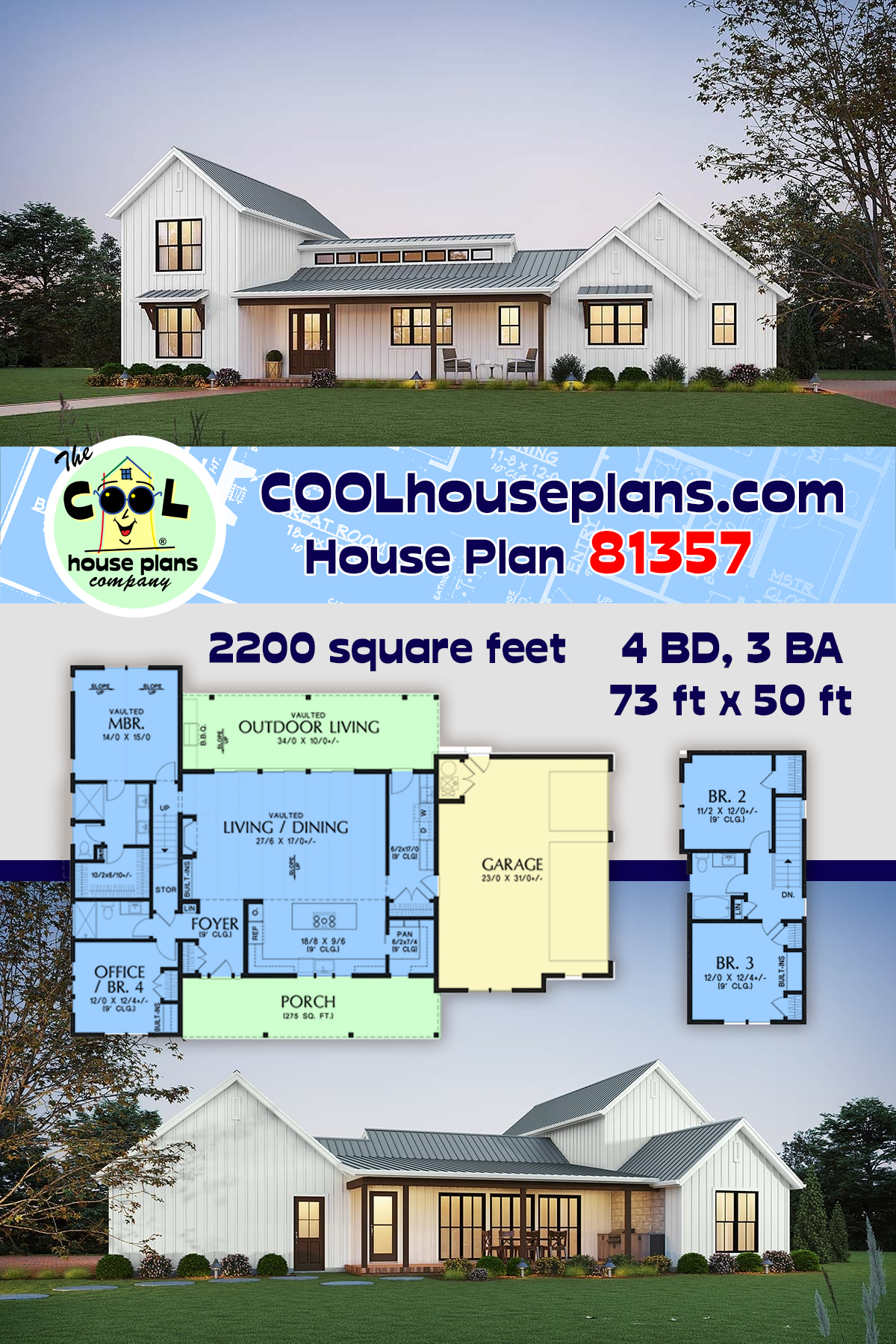 Farmhouse House Plan 81357 with 4 Beds, 3 Baths, 3 Car Garage
