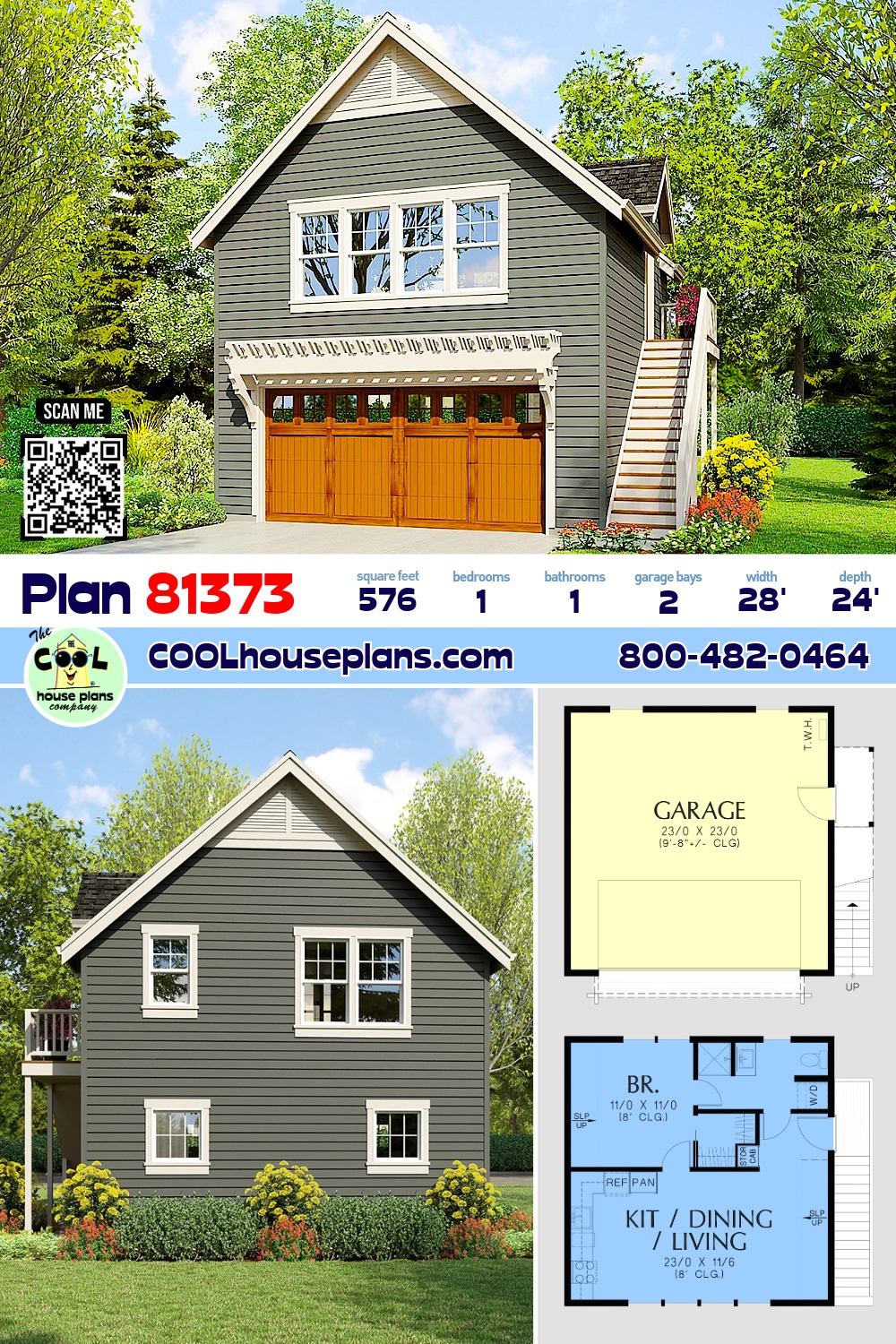 Craftsman, Traditional Garage-Living Plan 81373 with 1 Beds, 1 Baths, 2 Car Garage